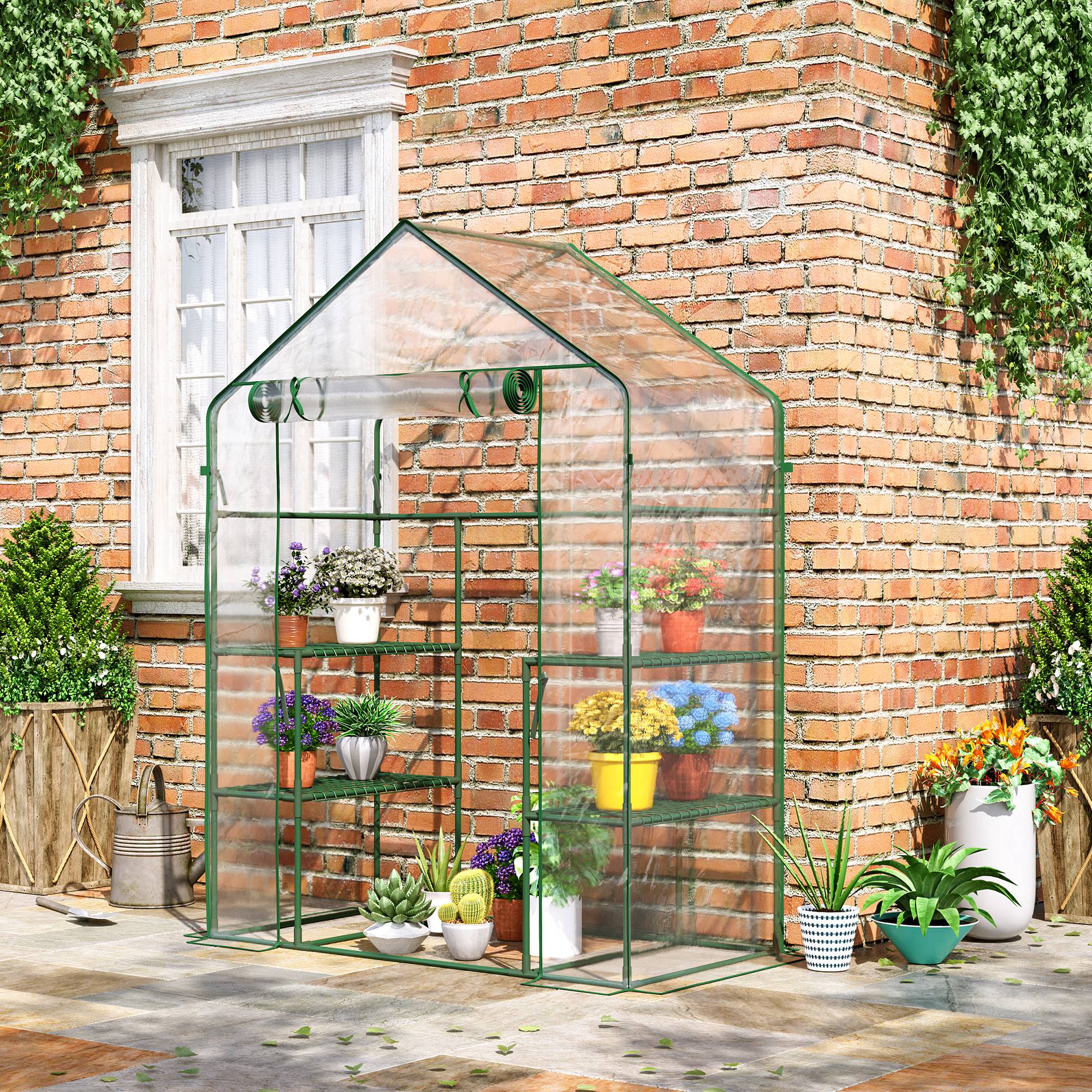 Outsunny 3-Tier Mini Greenhouse, Walk-in Greenhouse, Garden Hot House with 4 Shelves, Roll-Up Door and Weatherized Cover, 56" x 29" x 77", Clear