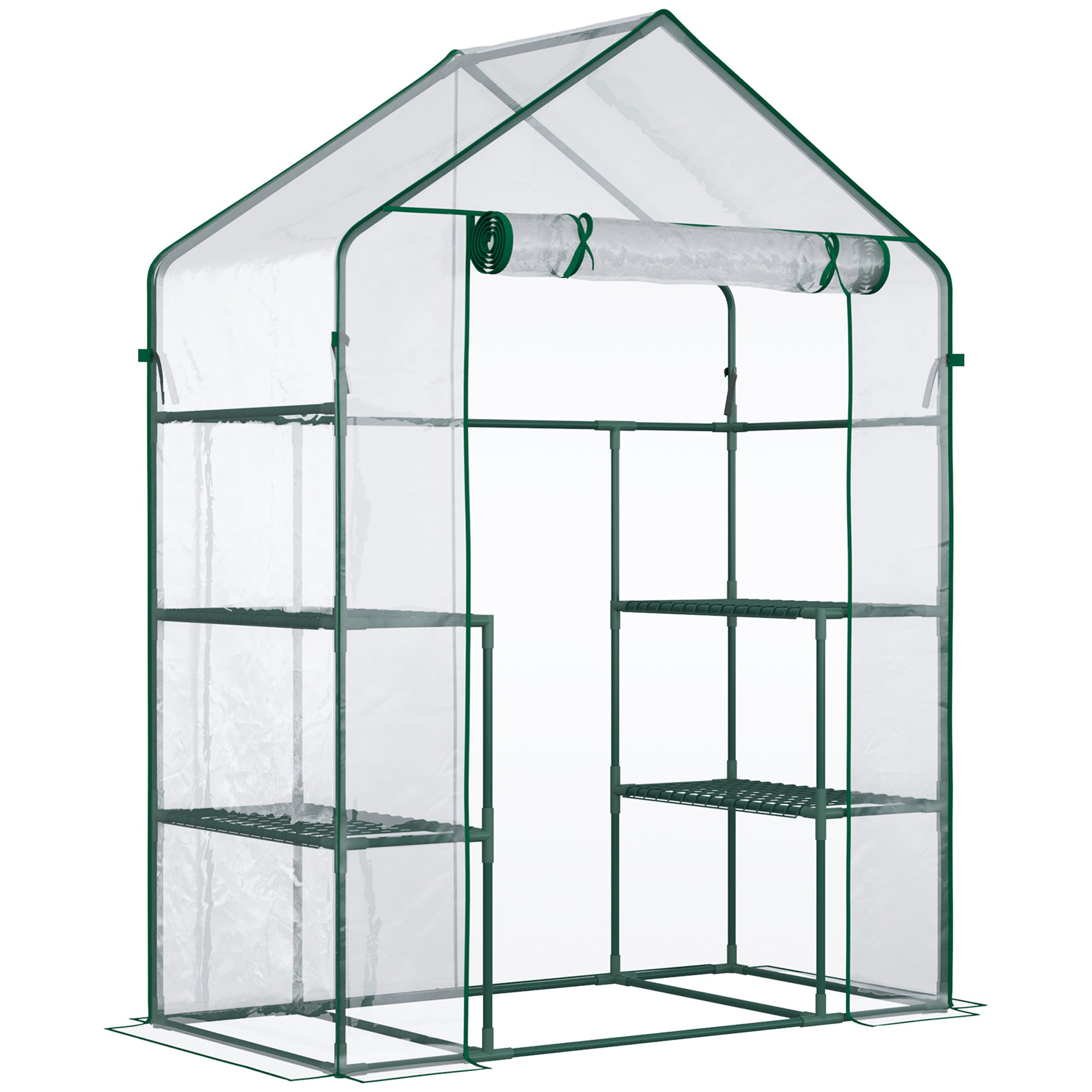 Outsunny 3-Tier Mini Greenhouse, Walk-in Greenhouse, Garden Hot House with 4 Shelves, Roll-Up Door and Weatherized Cover, 56" x 29" x 77", Clear