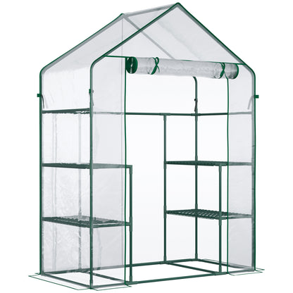 Outsunny 3-Tier Mini Greenhouse, Walk-in Greenhouse, Garden Hot House with 4 Shelves, Roll-Up Door and Weatherized Cover, 56" x 29" x 77", Clear