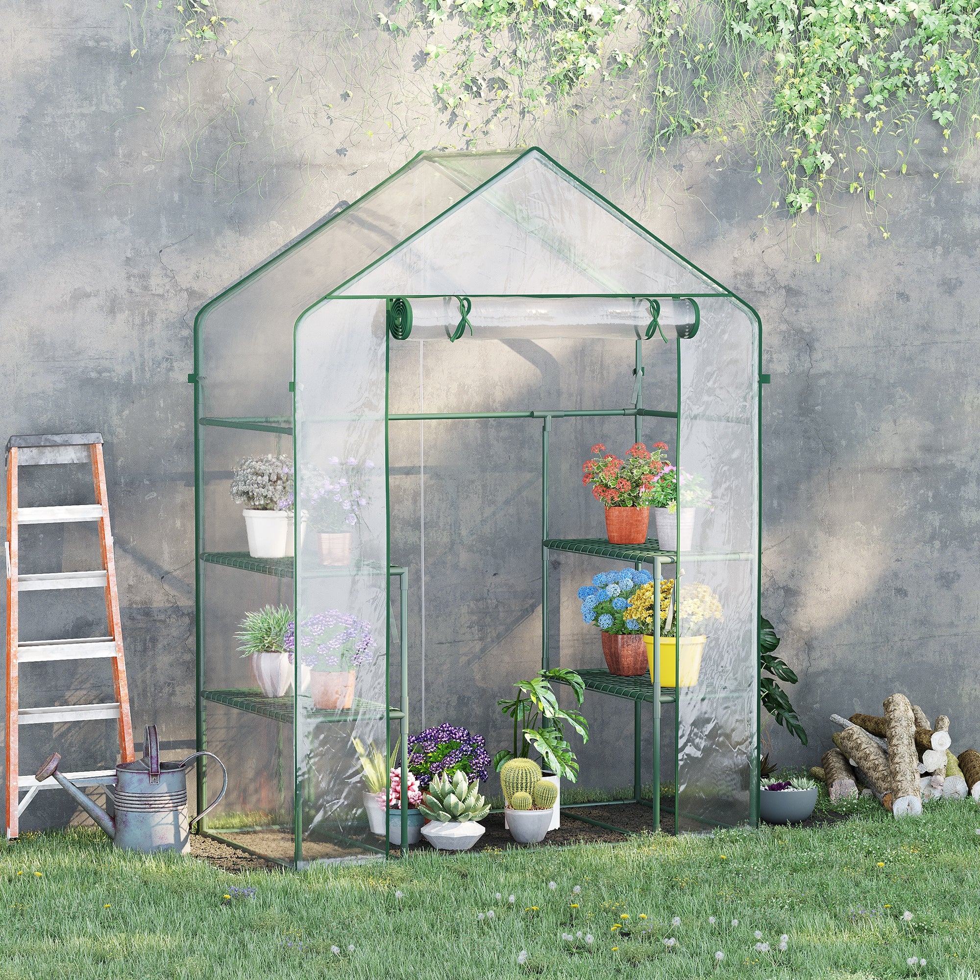Outsunny 3-Tier Mini Greenhouse, Walk-in Greenhouse, Garden Hot House with 4 Shelves, Roll-Up Door and Weatherized Cover, 56" x 29" x 77", Clear