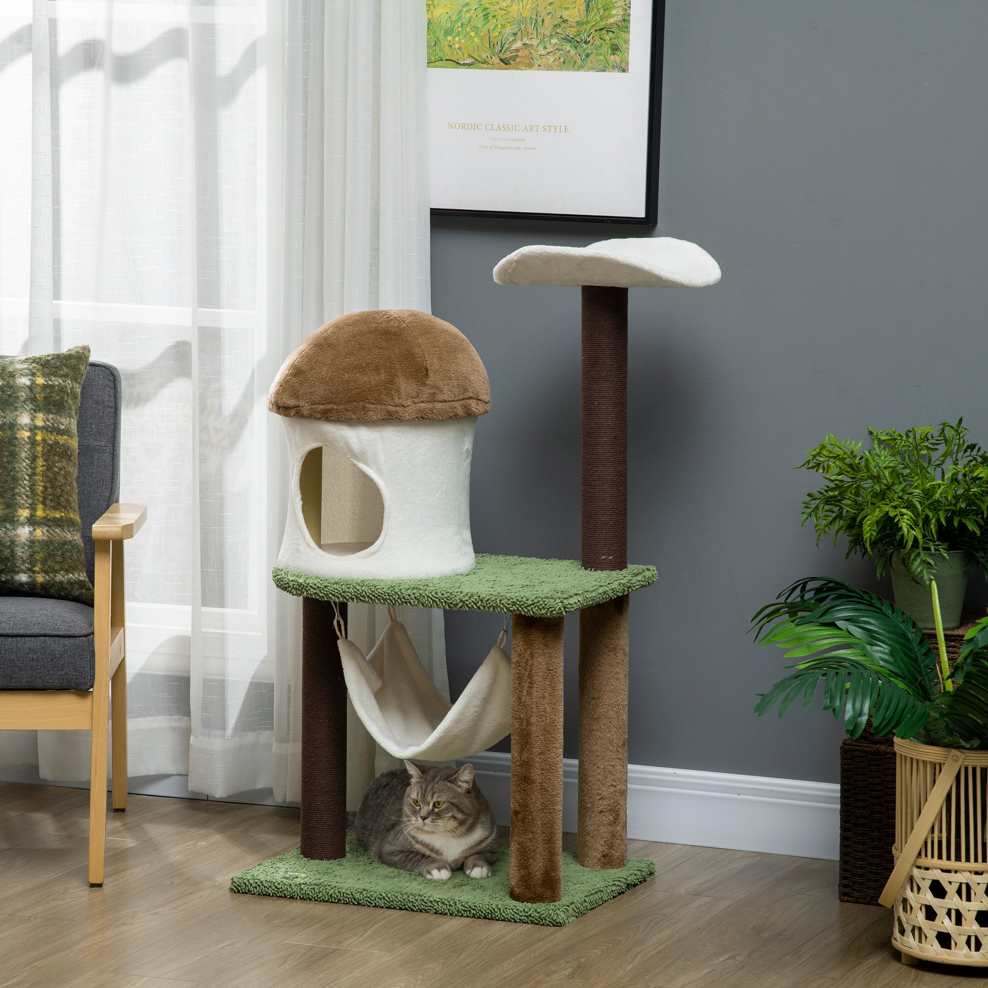 PawHut 100cm Cat Tree, Kitty Activity Centre, Cat Tower, with Mushroom-Shaped Cat House, Sisal Scratching Post, Hammock - Green, Brown & Cream