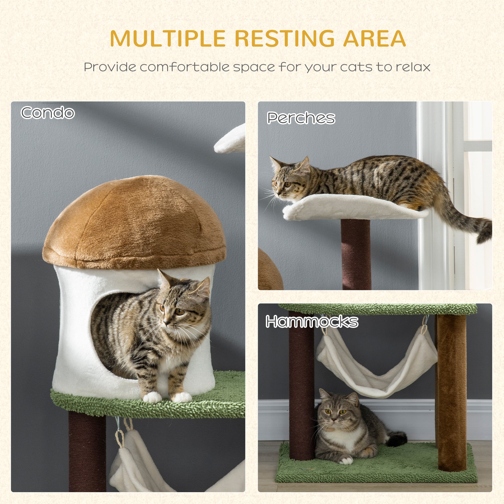 PawHut 100cm Cat Tree, Kitty Activity Centre, Cat Tower, with Mushroom-Shaped Cat House, Sisal Scratching Post, Hammock - Green, Brown & Cream