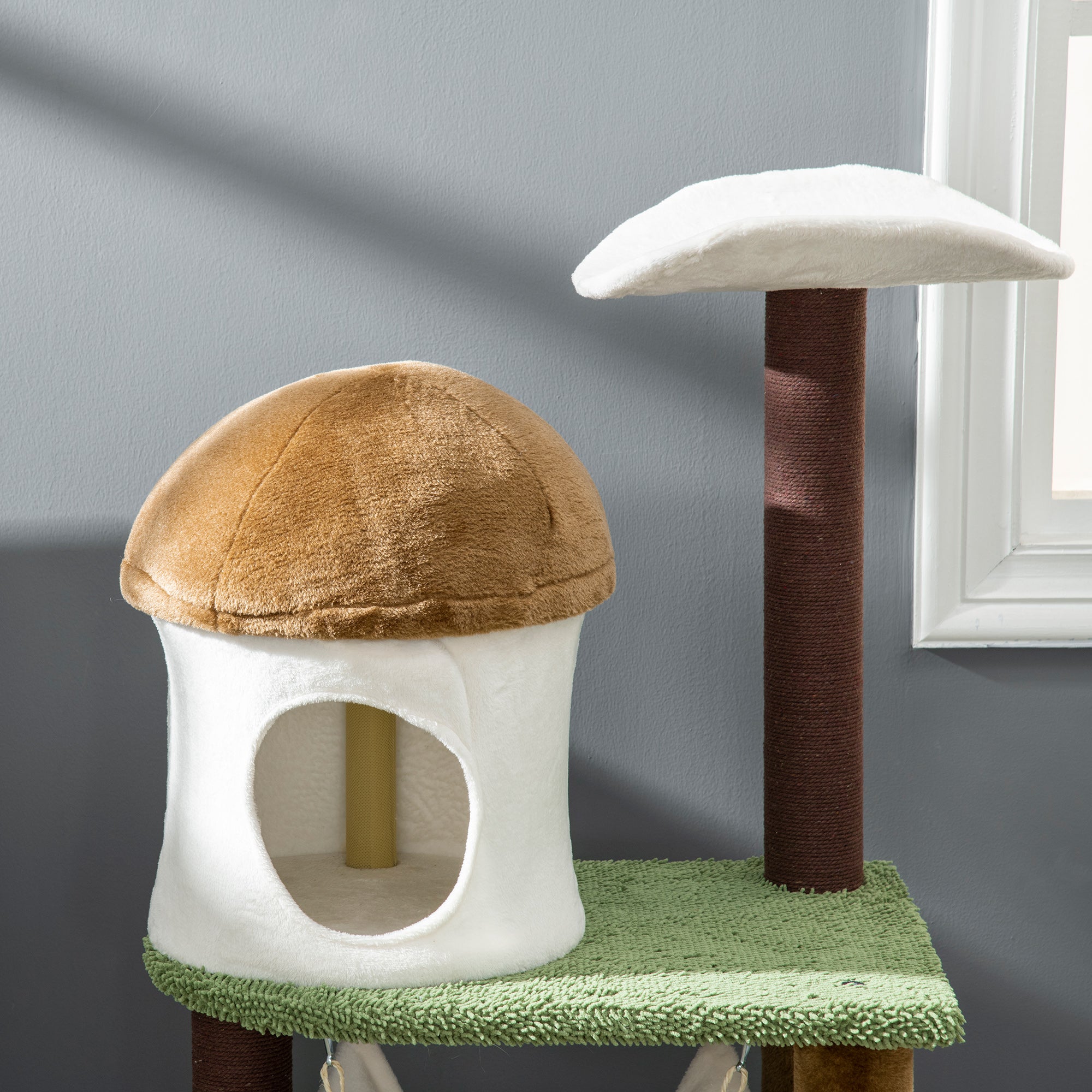 PawHut 100cm Cat Tree, Kitty Activity Centre, Cat Tower, with Mushroom-Shaped Cat House, Sisal Scratching Post, Hammock - Green, Brown & Cream