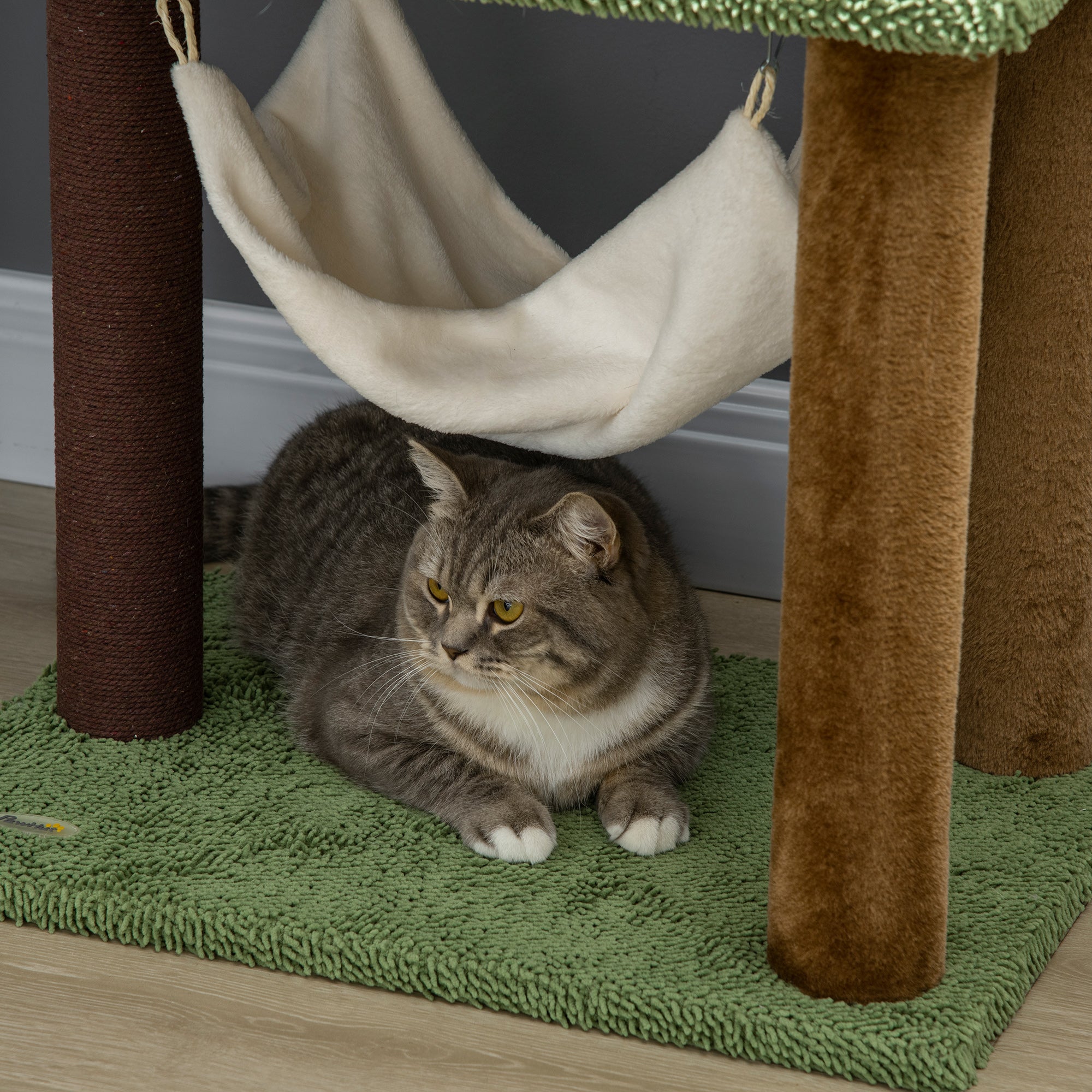PawHut 100cm Cat Tree, Kitty Activity Centre, Cat Tower, with Mushroom-Shaped Cat House, Sisal Scratching Post, Hammock - Green, Brown & Cream
