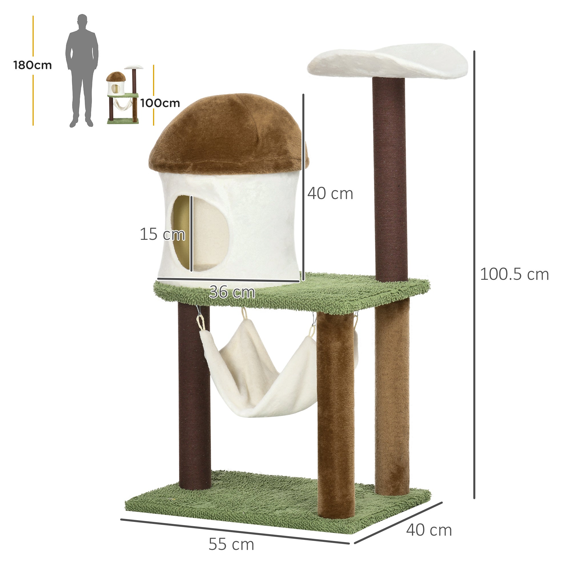 PawHut 100cm Cat Tree, Kitty Activity Centre, Cat Tower, with Mushroom-Shaped Cat House, Sisal Scratching Post, Hammock - Green, Brown & Cream