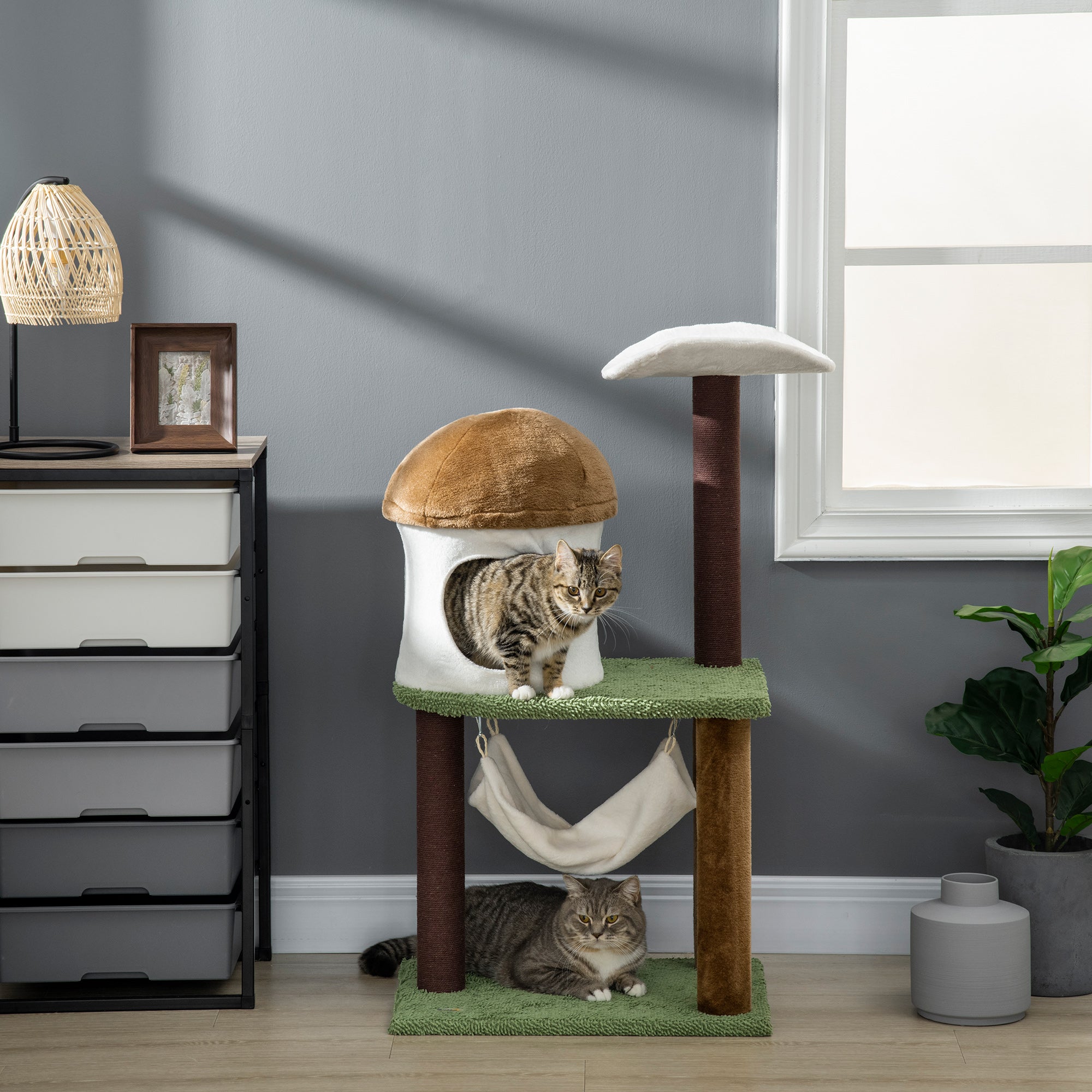 PawHut 100cm Cat Tree, Kitty Activity Centre, Cat Tower, with Mushroom-Shaped Cat House, Sisal Scratching Post, Hammock - Green, Brown & Cream