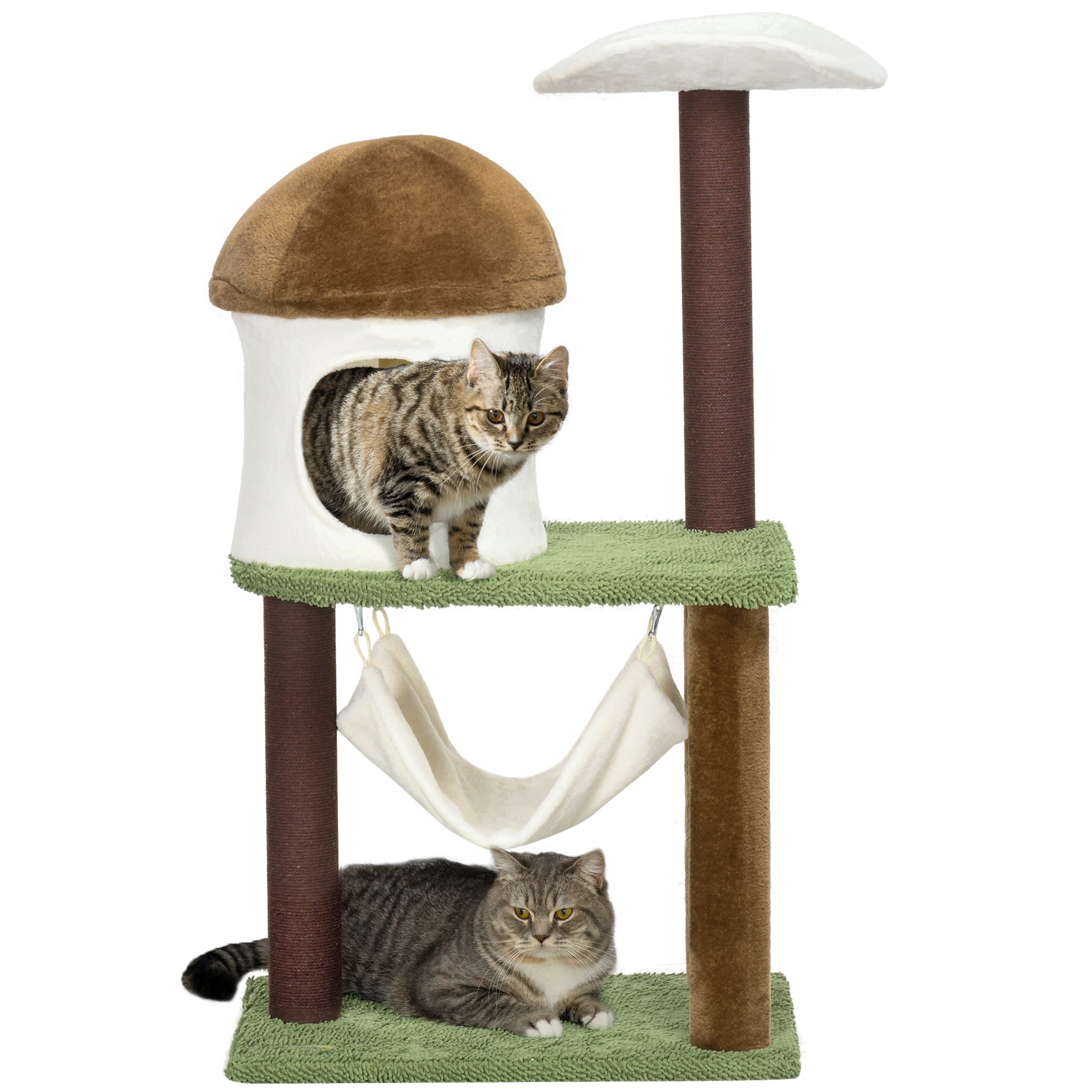 PawHut 100cm Cat Tree, Kitty Activity Centre, Cat Tower, with Mushroom-Shaped Cat House, Sisal Scratching Post, Hammock - Green, Brown & Cream