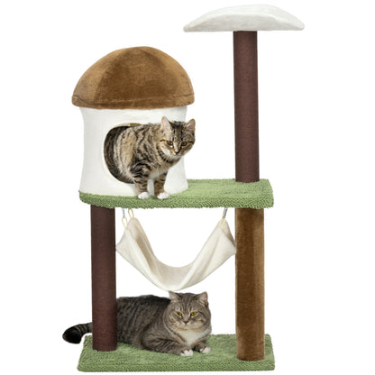 PawHut 100cm Cat Tree, Kitty Activity Centre, Cat Tower, with Mushroom-Shaped Cat House, Sisal Scratching Post, Hammock - Green, Brown & Cream