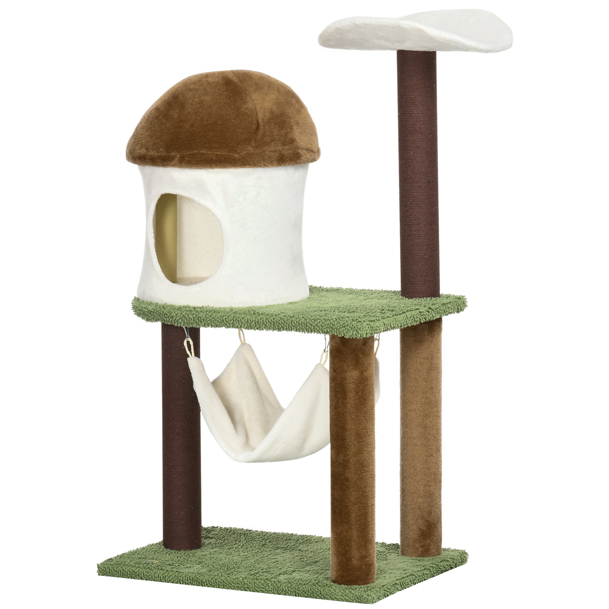 PawHut 100cm Cat Tree, Kitty Activity Centre, Cat Tower, with Mushroom-Shaped Cat House, Sisal Scratching Post, Hammock - Green, Brown & Cream