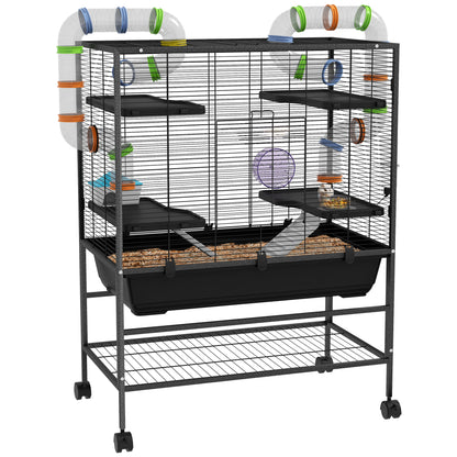 PawHut 43" Hamster Cage, Small Animal House Rolling Rat Cage with Tunnel Tube System, Exercise Wheel, Food Dish, Water Bottle, Ramp, Storage Shelf, for Syrian Hamsters, Gerbils