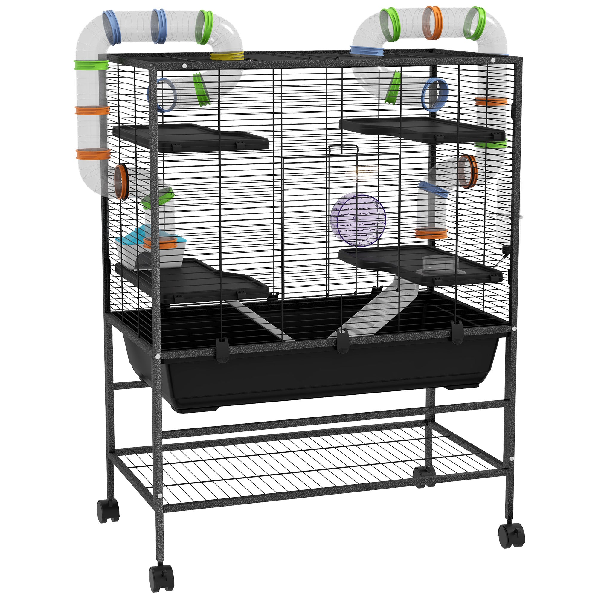 PawHut 43" Hamster Cage, Small Animal House Rolling Rat Cage with Tunnel Tube System, Exercise Wheel, Food Dish, Water Bottle, Ramp, Storage Shelf, for Syrian Hamsters, Gerbils