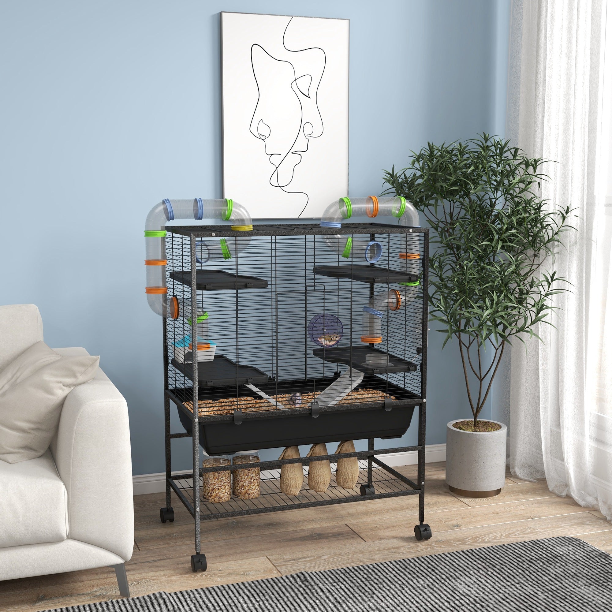 PawHut 43" Hamster Cage, Small Animal House Rolling Rat Cage with Tunnel Tube System, Exercise Wheel, Food Dish, Water Bottle, Ramp, Storage Shelf, for Syrian Hamsters, Gerbils