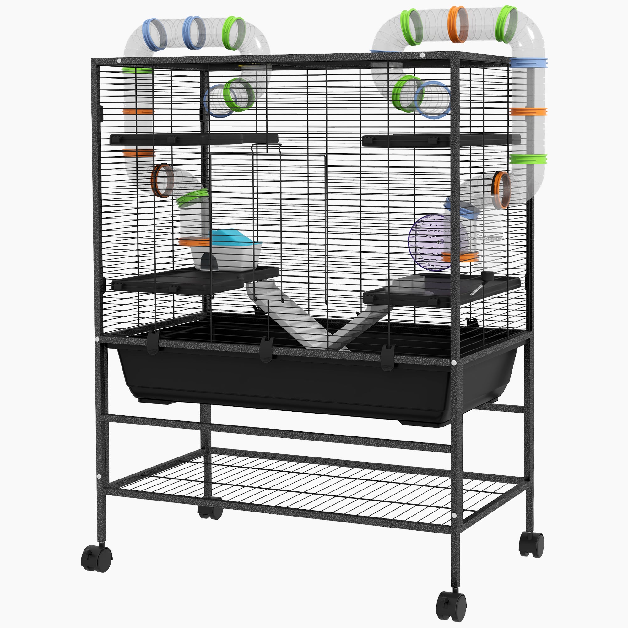 PawHut 43" Hamster Cage, Small Animal House Rolling Rat Cage with Tunnel Tube System, Exercise Wheel, Food Dish, Water Bottle, Ramp, Storage Shelf, for Syrian Hamsters, Gerbils