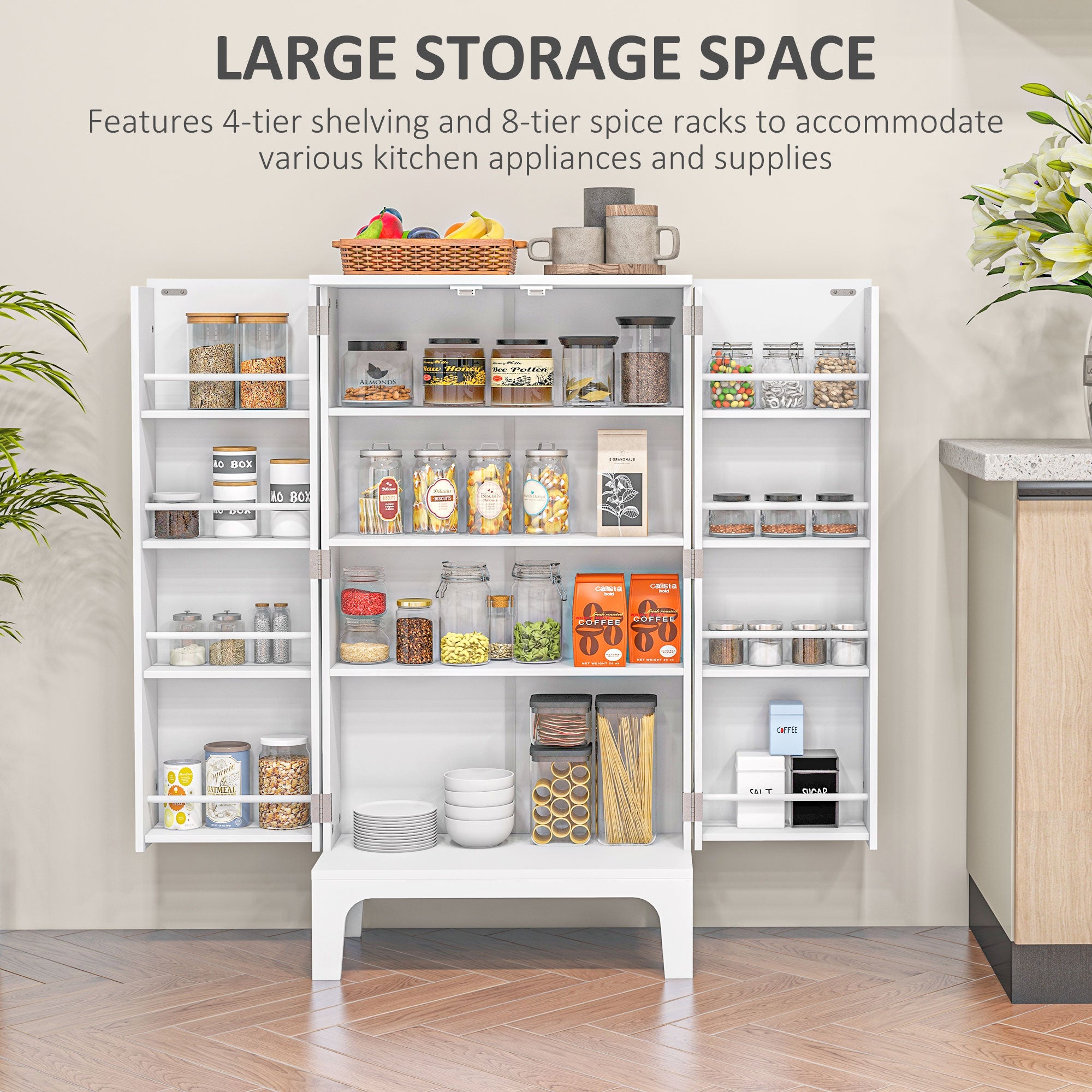 HOMCOM 44" Kitchen Pantry, 2-Door Kitchen Storage Cabinet with 8 Spice Racks and Adjustable Shelves, White