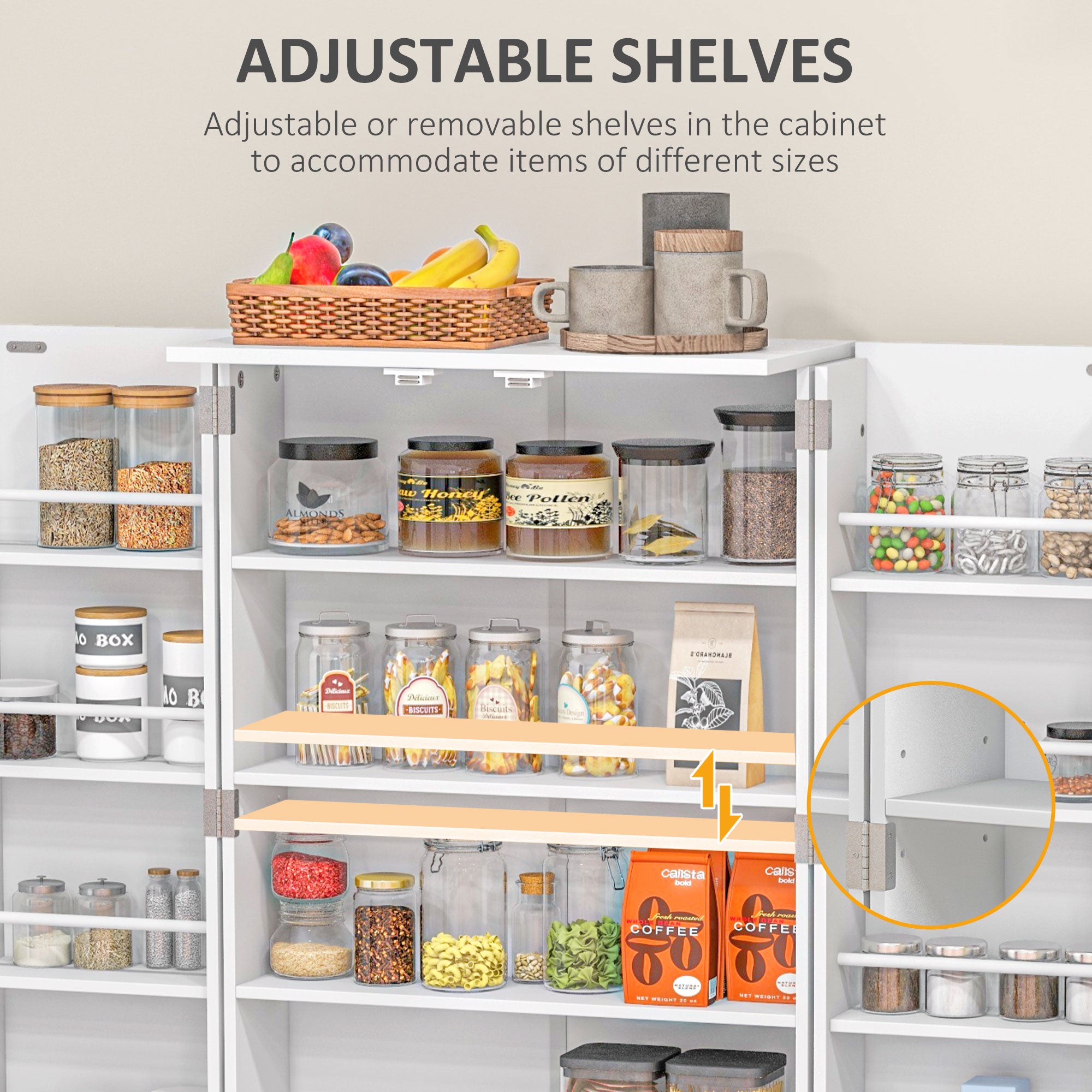 HOMCOM 44" Kitchen Pantry, 2-Door Kitchen Storage Cabinet with 8 Spice Racks and Adjustable Shelves, White