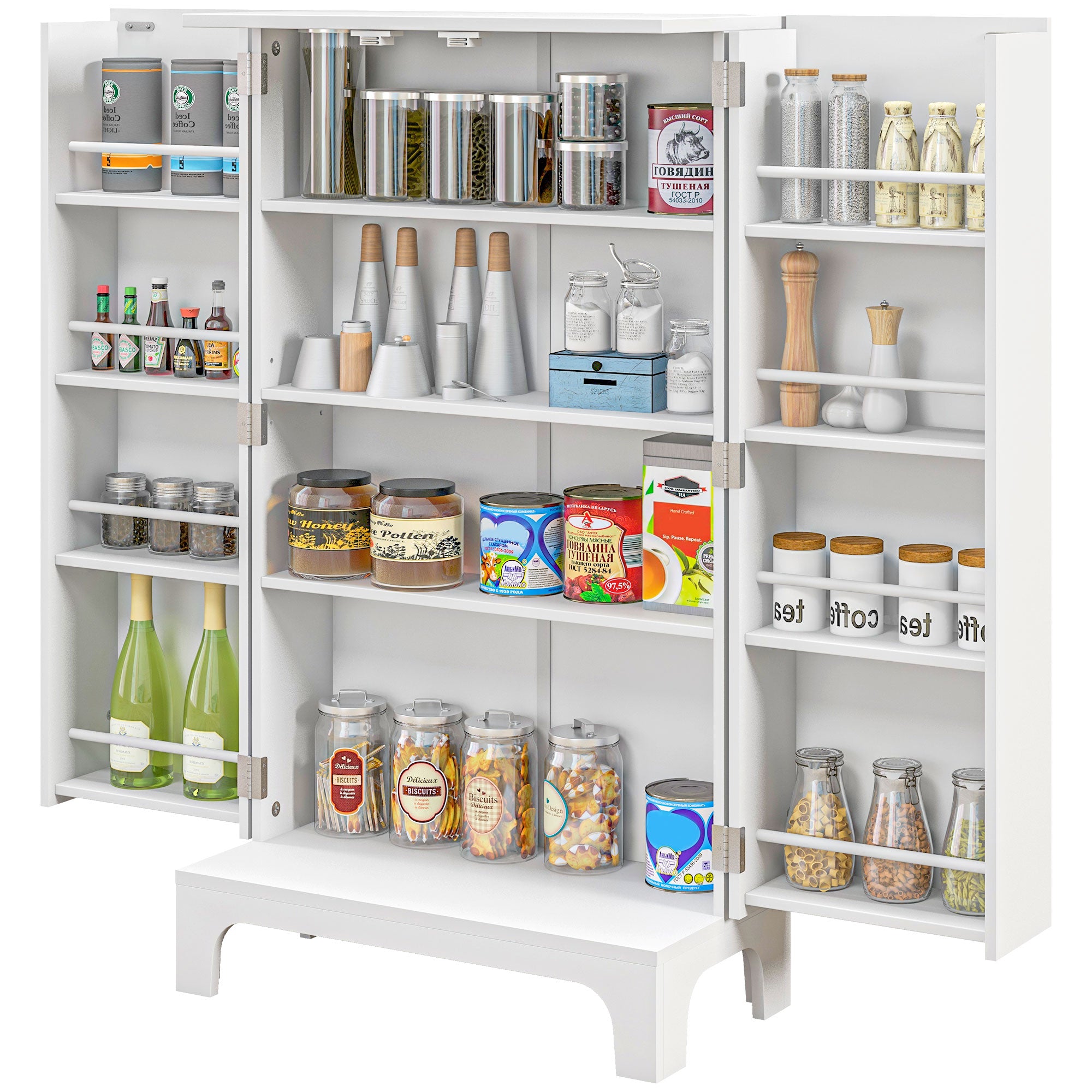 HOMCOM 44" Kitchen Pantry, 2-Door Kitchen Storage Cabinet with 8 Spice Racks and Adjustable Shelves, White