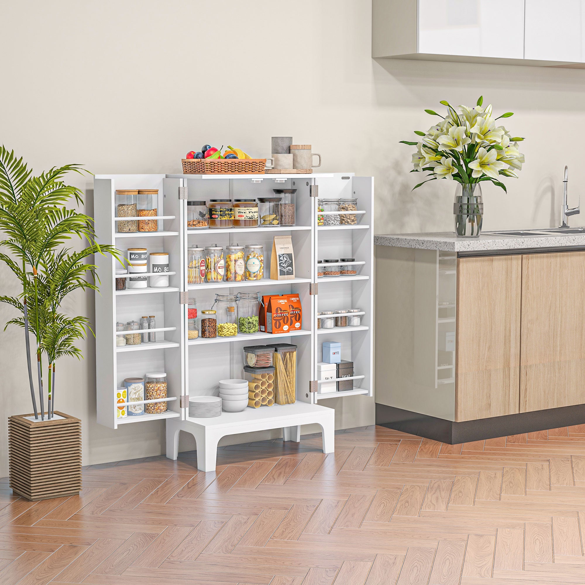 HOMCOM 44" Kitchen Pantry, 2-Door Kitchen Storage Cabinet with 8 Spice Racks and Adjustable Shelves, White