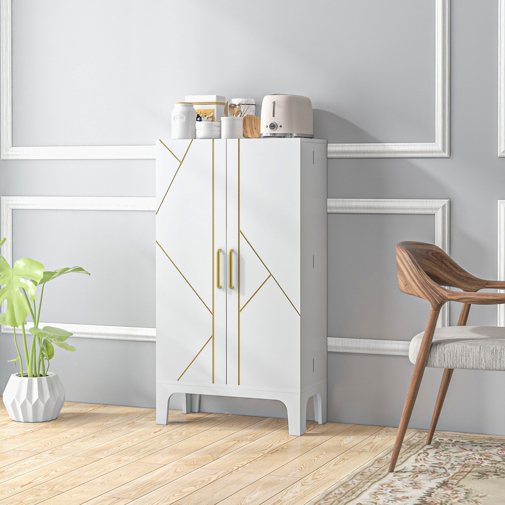 HOMCOM 44" Kitchen Pantry, 2-Door Kitchen Storage Cabinet with 8 Spice Racks and Adjustable Shelves, White