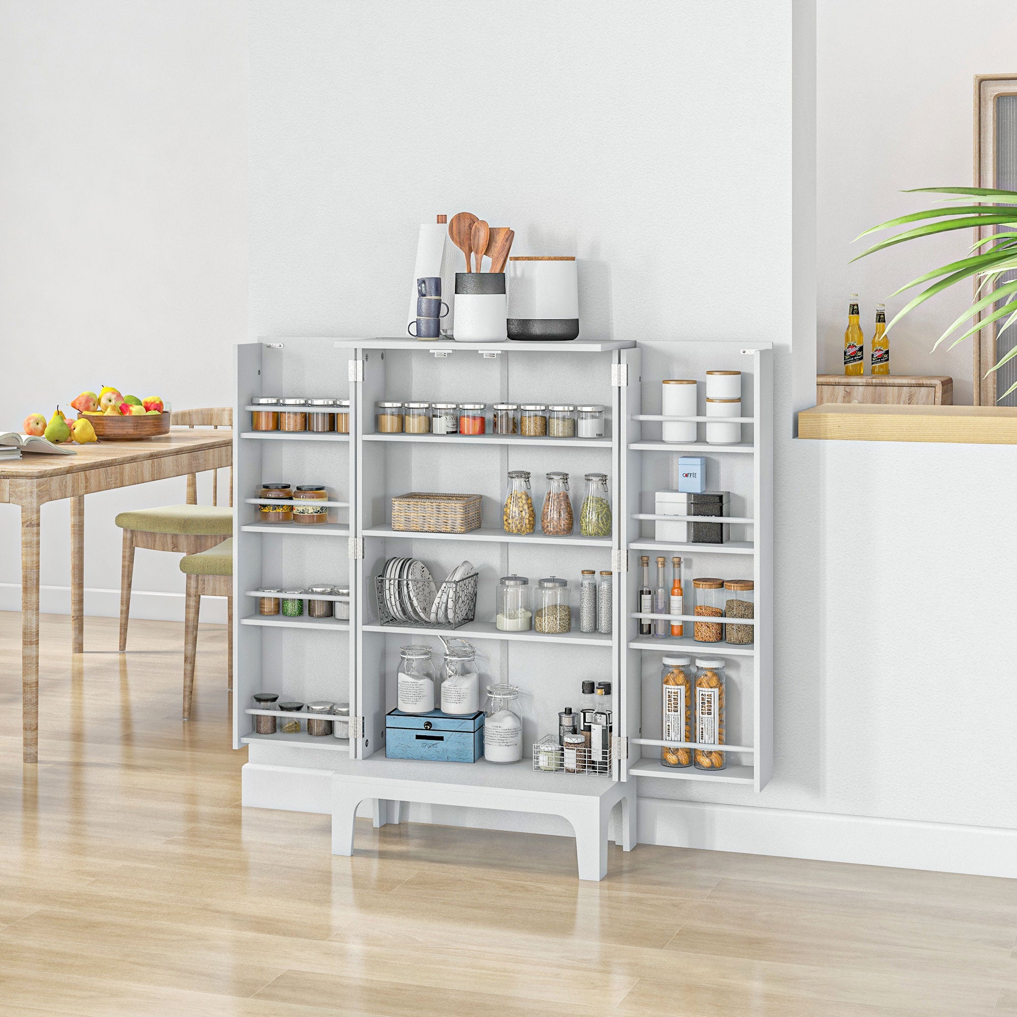 HOMCOM 44" Kitchen Pantry, 2-Door Kitchen Storage Cabinet with 8 Spice Racks and Adjustable Shelves, White