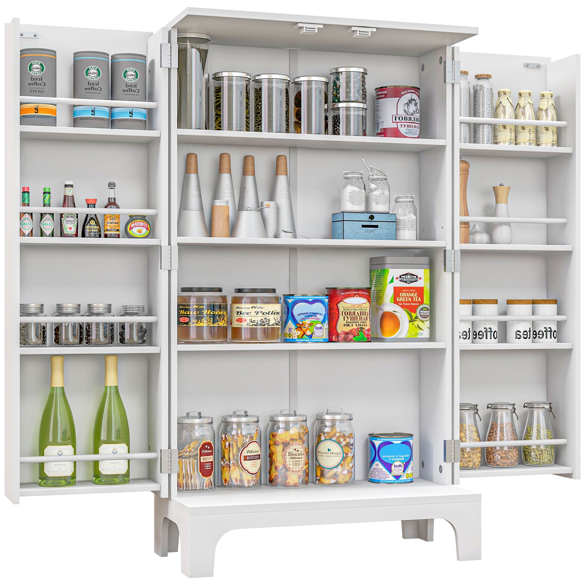 HOMCOM 44" Kitchen Pantry, 2-Door Kitchen Storage Cabinet with 8 Spice Racks and Adjustable Shelves, White