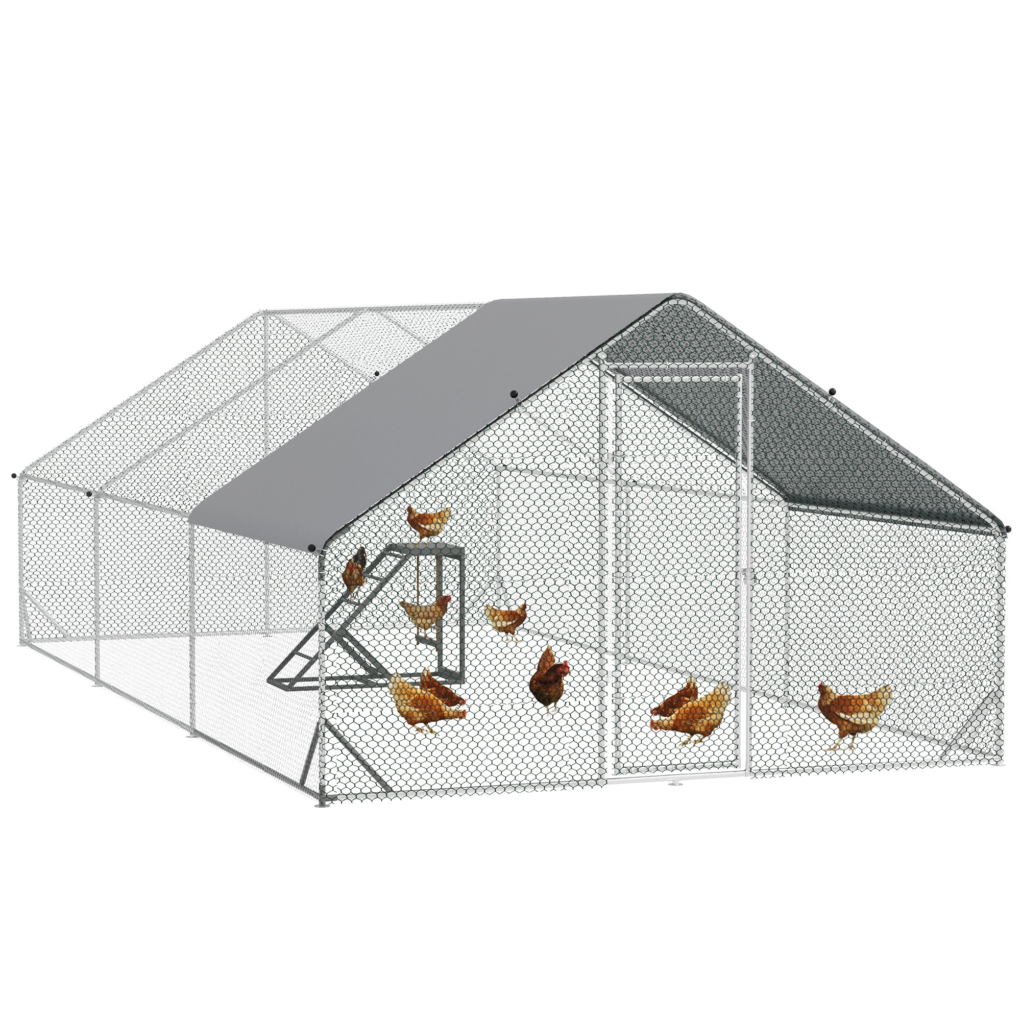 PawHut Walk-In Chicken Run, Galvanised Chicken Coop with Chicken Activity Shelf, Outdoor Hen Poultry House Cage Rabbit Hutch Garden with UV-resistant and Water-Resistant Cover, 3 x 6 x 2m