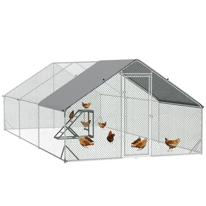 PawHut Walk-In Chicken Run, Galvanised Chicken Coop with Chicken Activity Shelf, Outdoor Hen Poultry House Cage Rabbit Hutch Garden with UV-resistant and Water-Resistant Cover, 3 x 6 x 2m