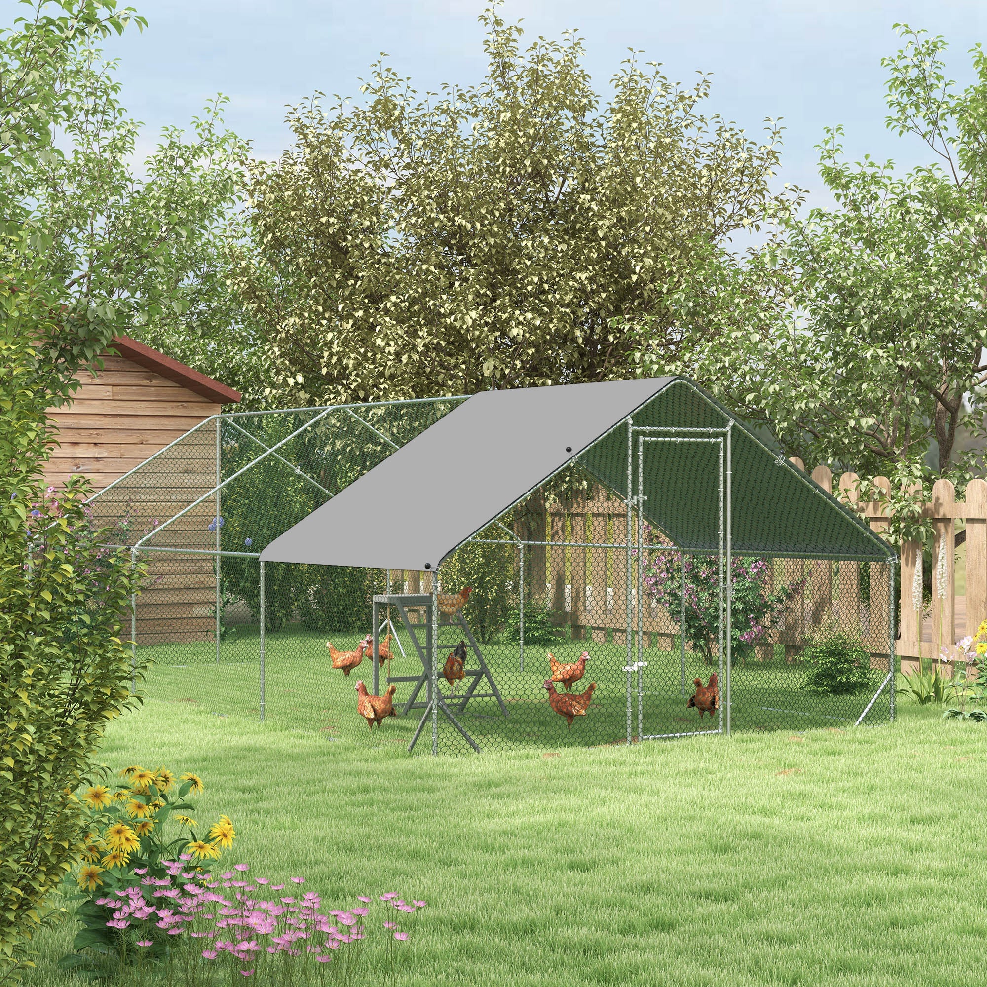 PawHut Walk-In Chicken Run, Galvanised Chicken Coop with Chicken Activity Shelf, Outdoor Hen Poultry House Cage Rabbit Hutch Garden with UV-resistant and Water-Resistant Cover, 3 x 6 x 2m