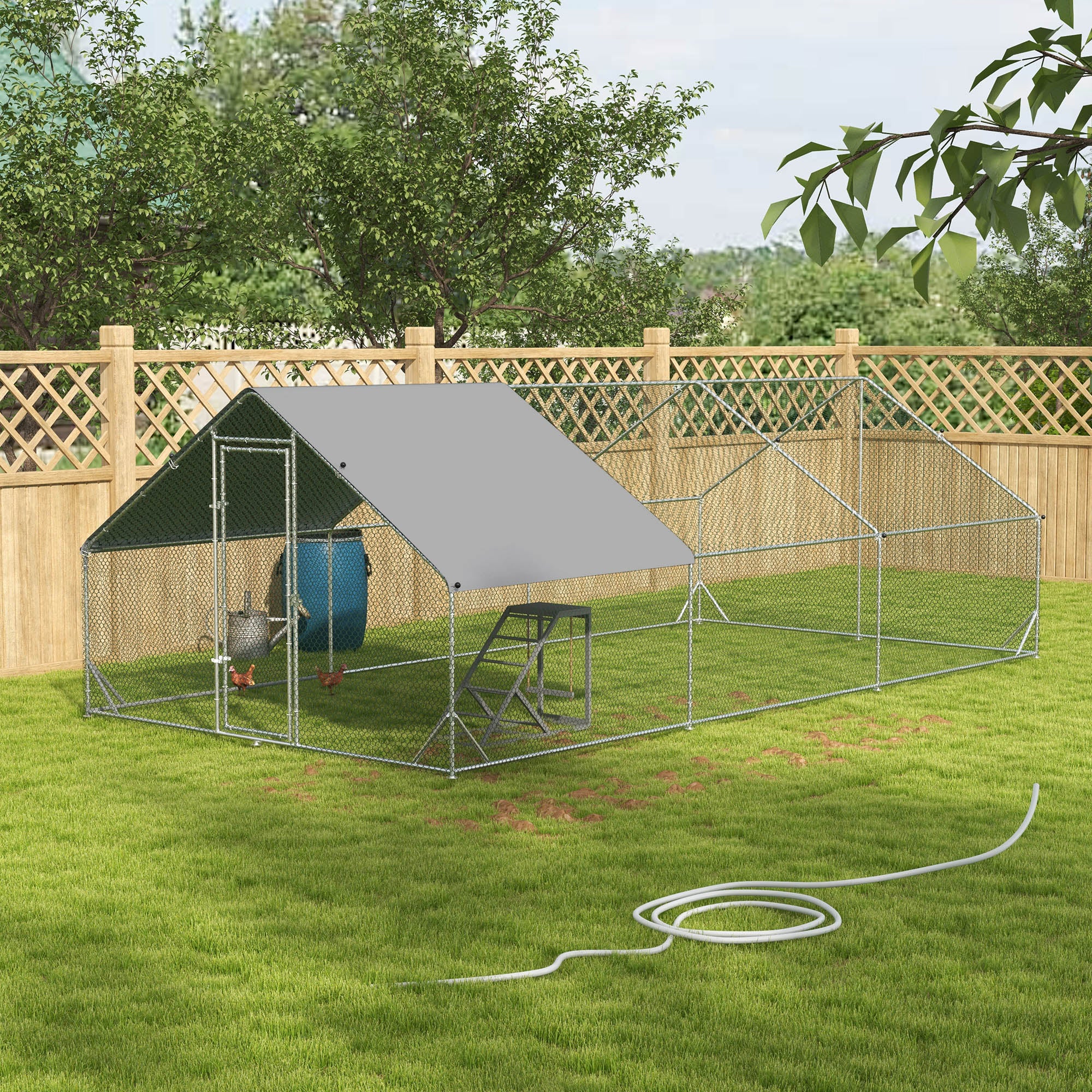 PawHut Walk-In Chicken Run, Galvanised Chicken Coop with Chicken Activity Shelf, Outdoor Hen Poultry House Cage Rabbit Hutch Garden with UV-resistant and Water-Resistant Cover, 3 x 6 x 2m