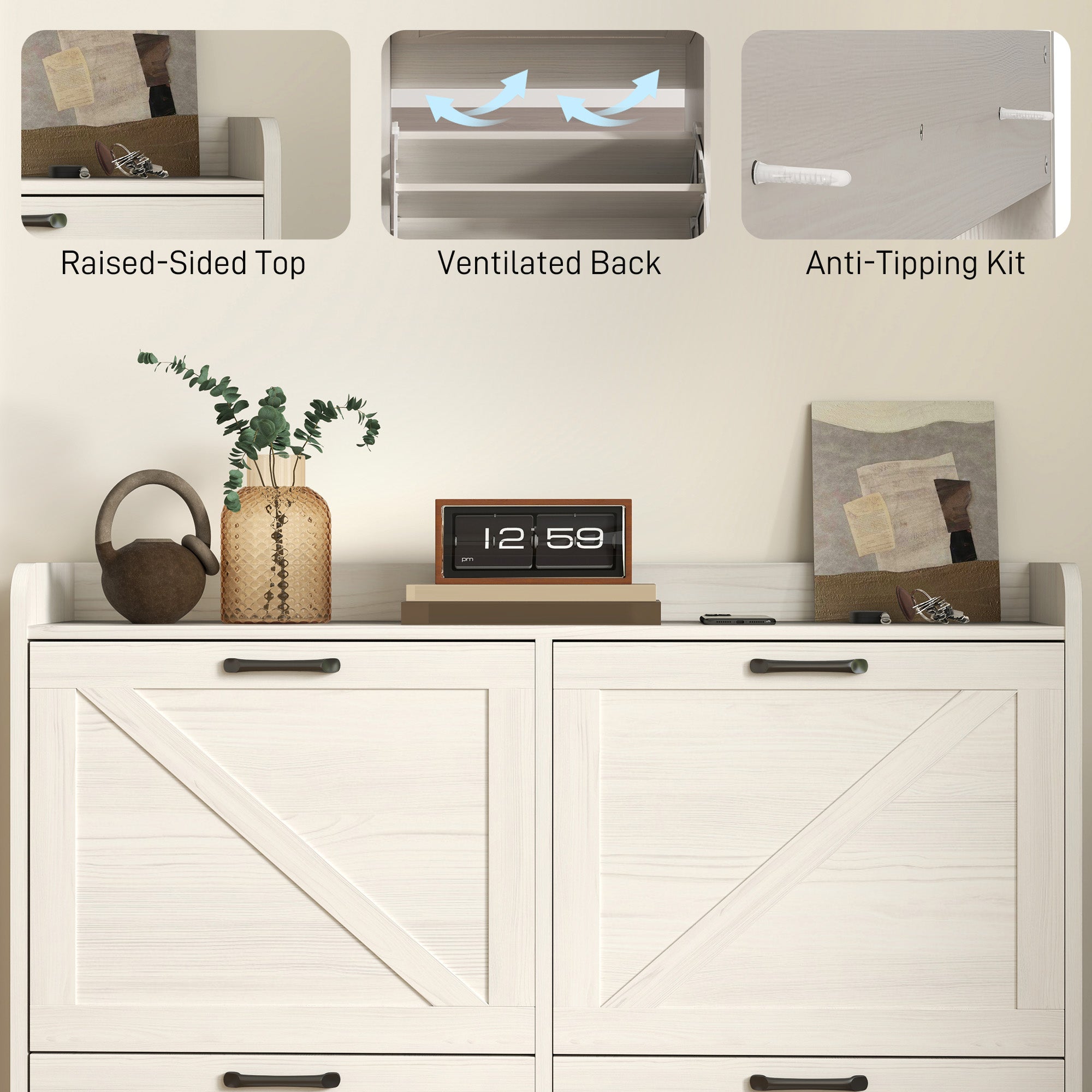 HOMCOM Narrow Shoe Cabinet for Entryway, Farmhouse Slim Shoe Storage Cabinet with 4 Flip Drawers, Adjustable Shelves, Barn Door Design for Hallway, White Oak