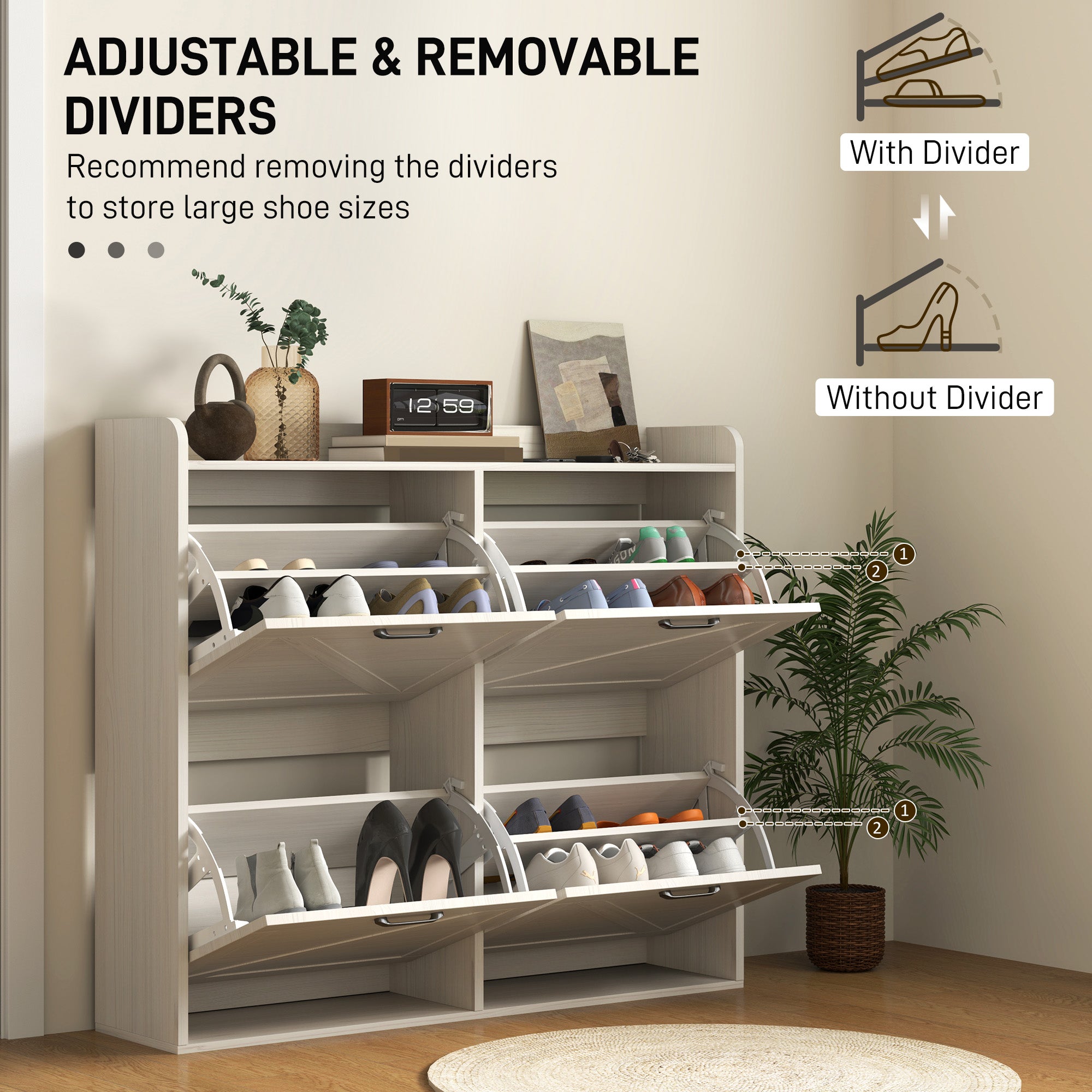 HOMCOM Narrow Shoe Cabinet for Entryway, Farmhouse Slim Shoe Storage Cabinet with 4 Flip Drawers, Adjustable Shelves, Barn Door Design for Hallway, White Oak