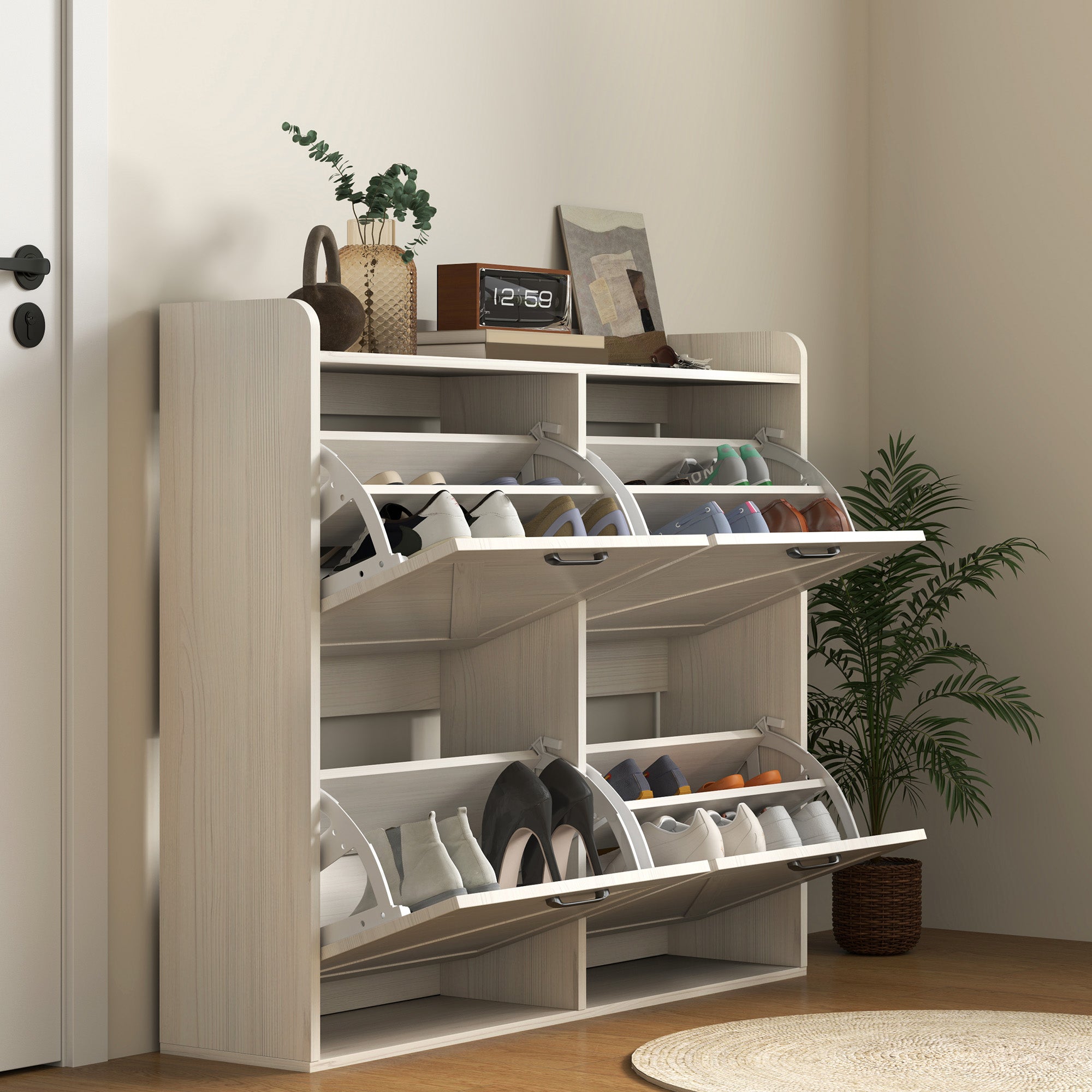 HOMCOM Narrow Shoe Cabinet for Entryway, Farmhouse Slim Shoe Storage Cabinet with 4 Flip Drawers, Adjustable Shelves, Barn Door Design for Hallway, White Oak