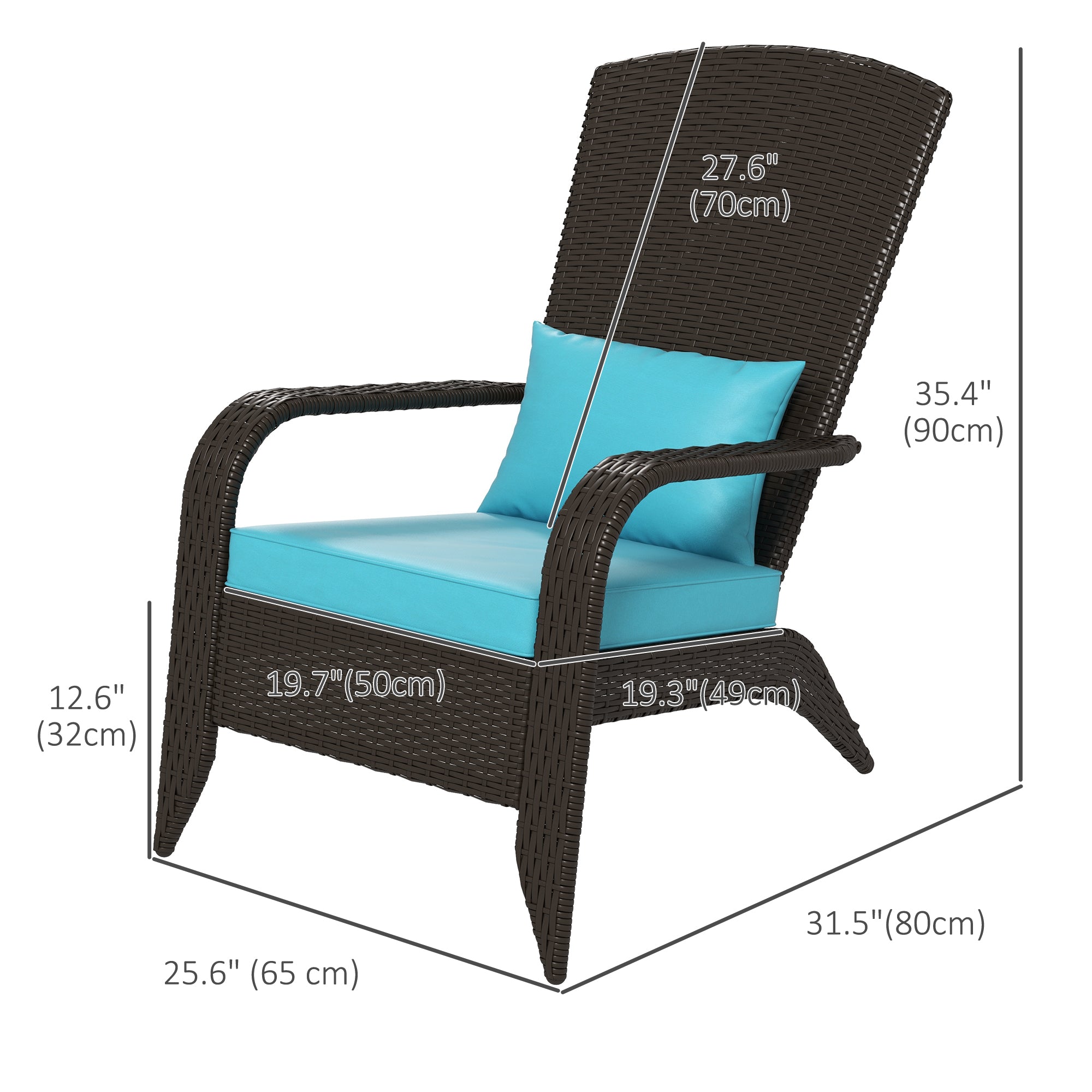Outsunny Patio Wicker Adirondack Chair, PE Rattan Outdoor Muskoka Chair, Fire Pit Chair with Cushions for Patio, Garden, Backyard, Poolside, Balcony, Deck, Turquoise