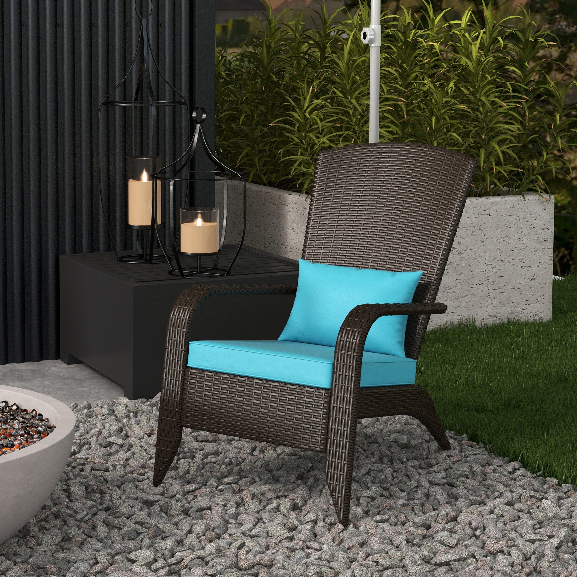 Outsunny Patio Wicker Adirondack Chair, PE Rattan Outdoor Muskoka Chair, Fire Pit Chair with Cushions for Patio, Garden, Backyard, Poolside, Balcony, Deck, Turquoise