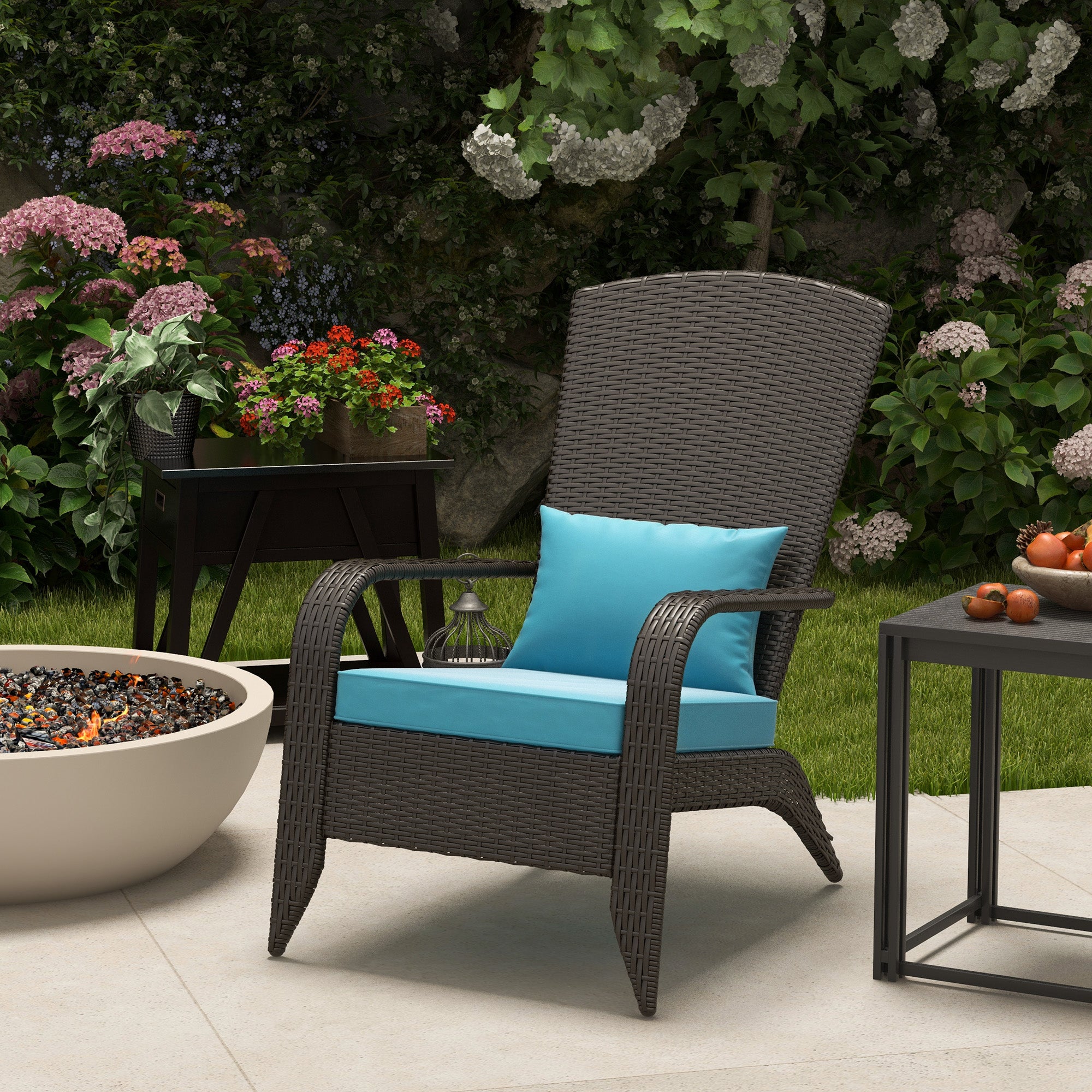 Outsunny Patio Wicker Adirondack Chair, PE Rattan Outdoor Muskoka Chair, Fire Pit Chair with Cushions for Patio, Garden, Backyard, Poolside, Balcony, Deck, Turquoise