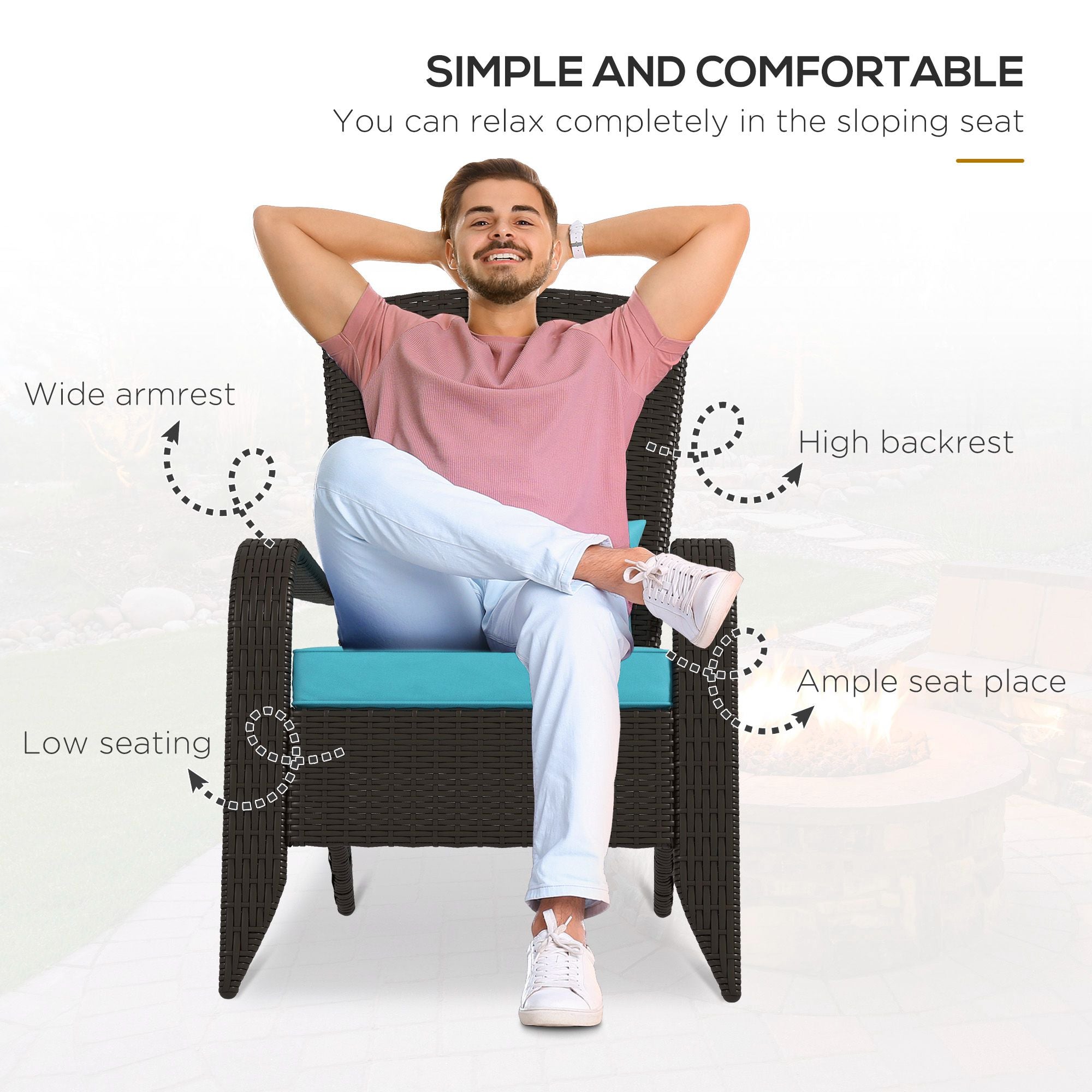 Outsunny Patio Wicker Adirondack Chair, PE Rattan Outdoor Muskoka Chair, Fire Pit Chair with Cushions for Patio, Garden, Backyard, Poolside, Balcony, Deck, Turquoise