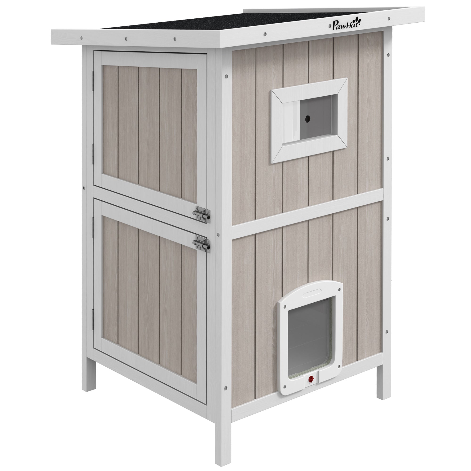 PawHut Outdoor Cat House, Wooden Cat Shelter 2 Tiers Feral Cat house with Removable Bottom, Escape Doors, Asphalt Roof, for 1-2 Cats - Light Grey