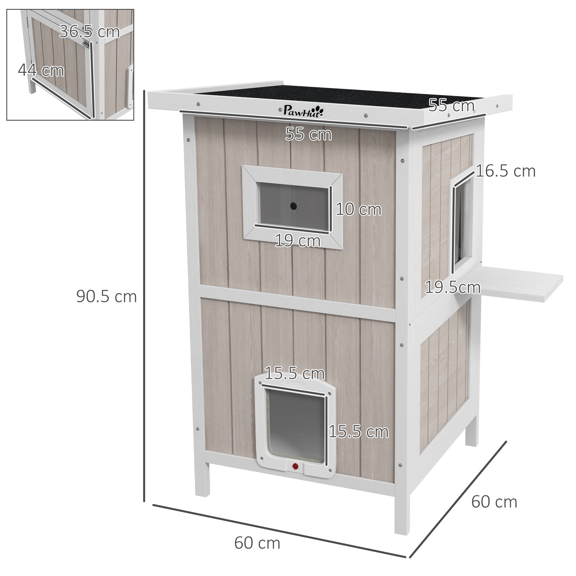PawHut Outdoor Cat House, Wooden Cat Shelter 2 Tiers Feral Cat house with Removable Bottom, Escape Doors, Asphalt Roof, for 1-2 Cats - Light Grey