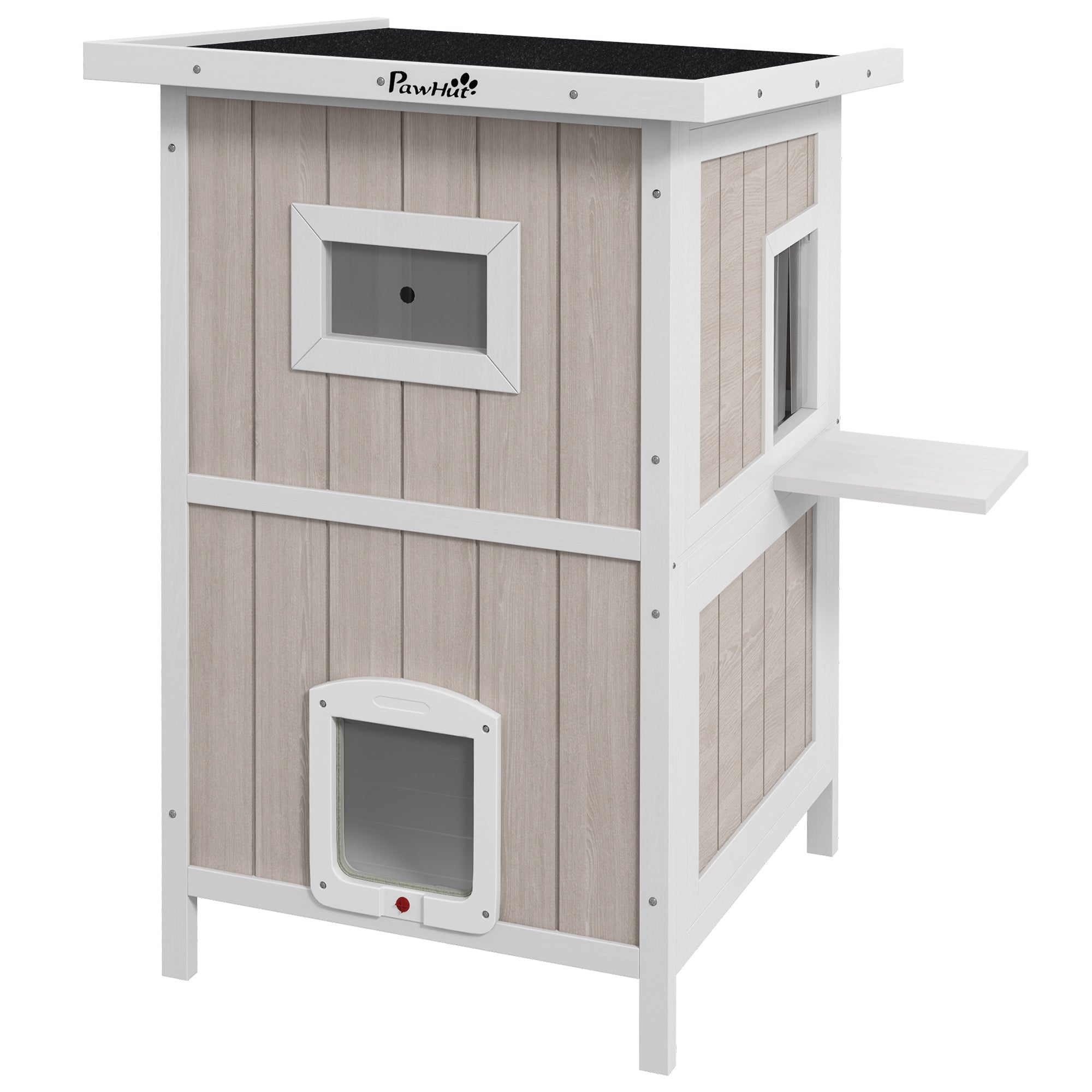 PawHut Outdoor Cat House, Wooden Cat Shelter 2 Tiers Feral Cat house with Removable Bottom, Escape Doors, Asphalt Roof, for 1-2 Cats - Light Grey