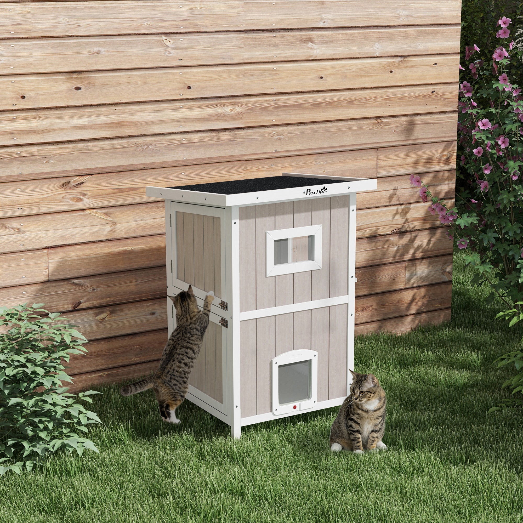 PawHut Outdoor Cat House, Wooden Cat Shelter 2 Tiers Feral Cat house with Removable Bottom, Escape Doors, Asphalt Roof, for 1-2 Cats - Light Grey