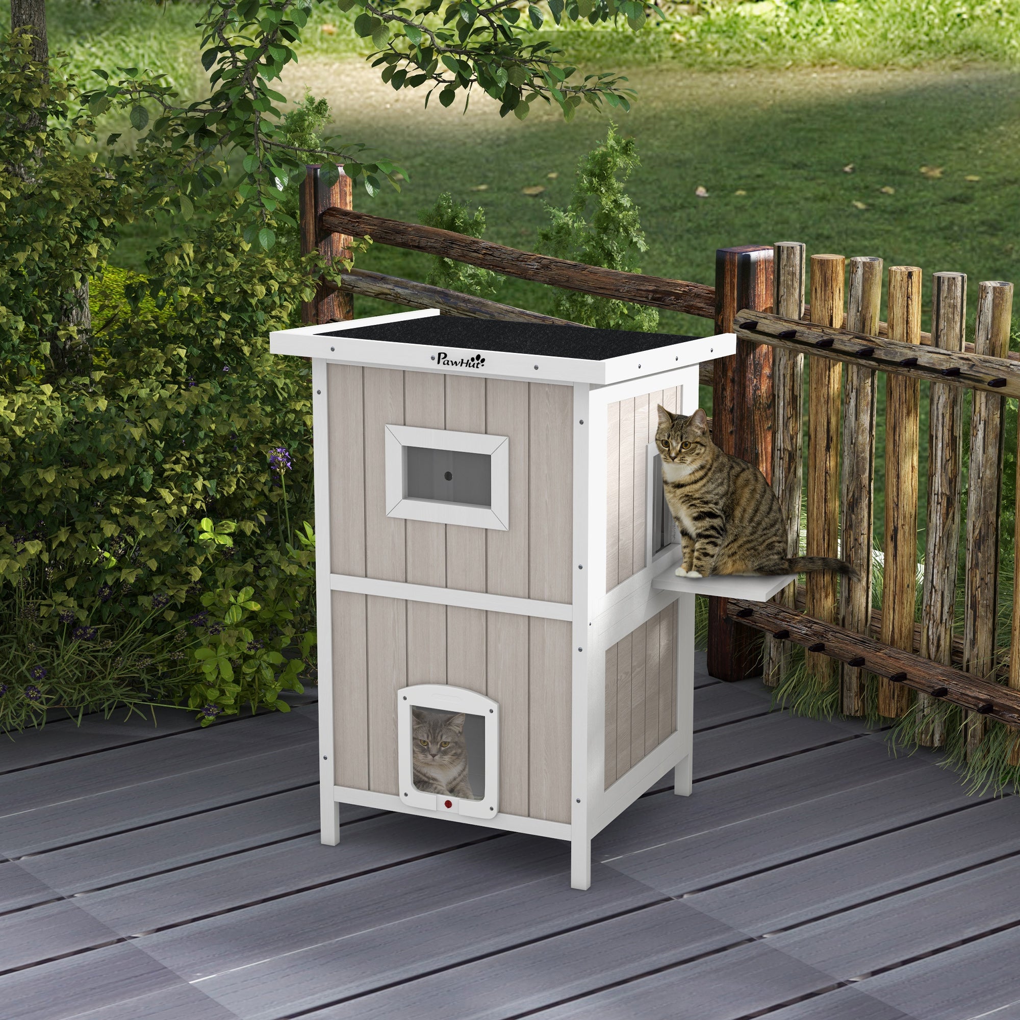 PawHut Outdoor Cat House, Wooden Cat Shelter 2 Tiers Feral Cat house with Removable Bottom, Escape Doors, Asphalt Roof, for 1-2 Cats - Light Grey