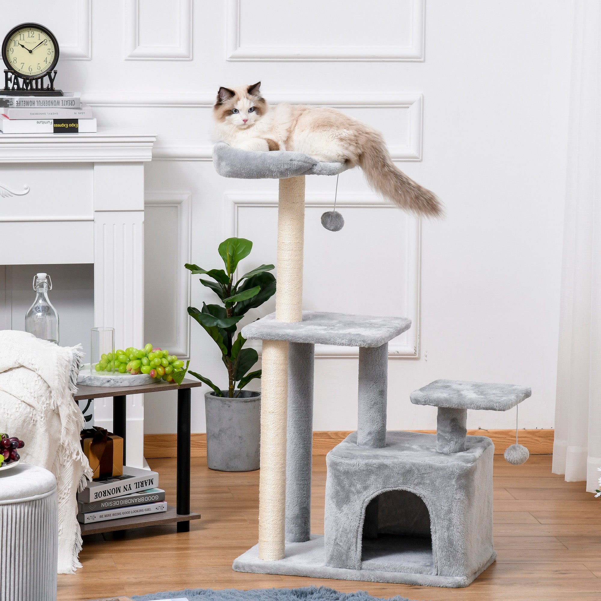 PawHut Cat Tree for Indoor Cats, Multi-Level Cat Condo with Sisal Scratching Post, Perch, Hanging Ball, Light Grey