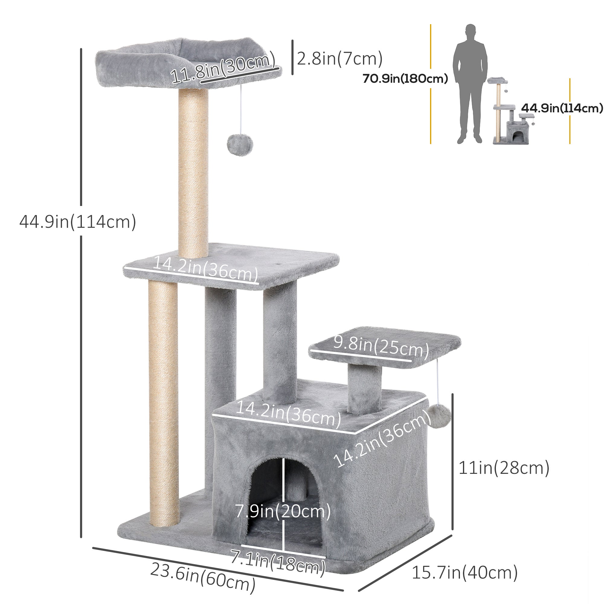 PawHut Cat Tree for Indoor Cats, Multi-Level Cat Condo with Sisal Scratching Post, Perch, Hanging Ball, Light Grey