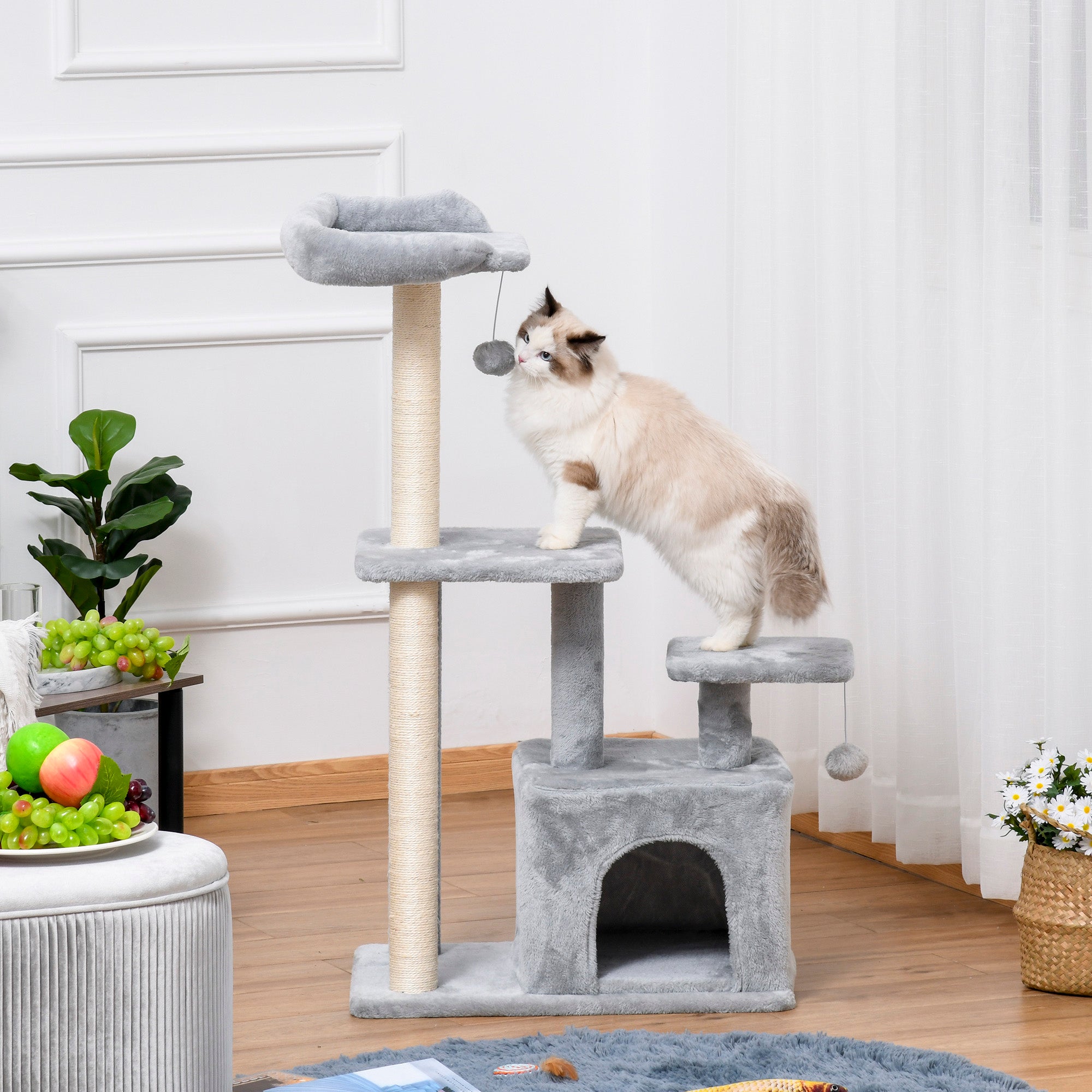 PawHut Cat Tree for Indoor Cats, Multi-Level Cat Condo with Sisal Scratching Post, Perch, Hanging Ball, Light Grey