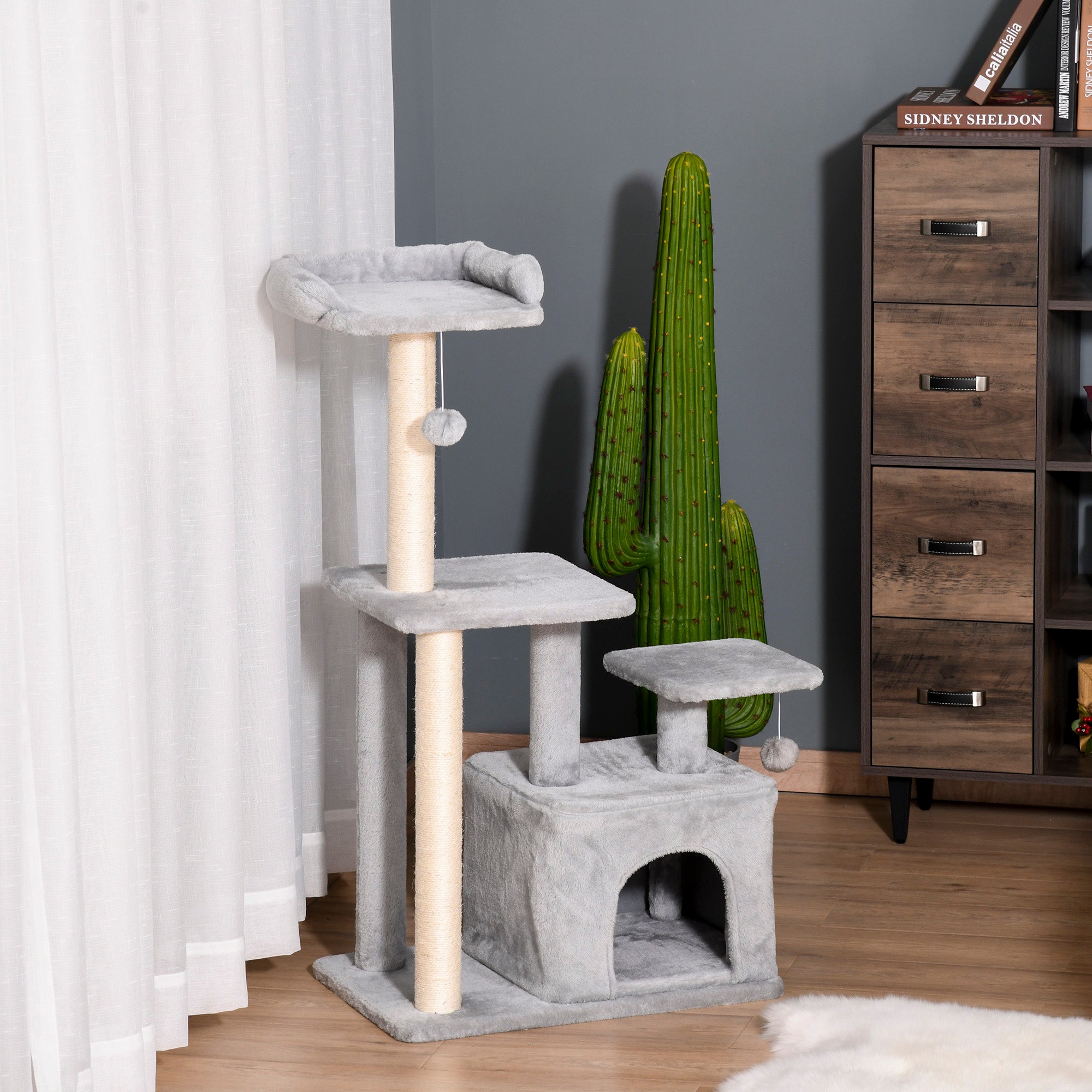PawHut Cat Tree Tower for Indoor Cats 114cm Climbing Activity Centre Kitten with Sisal Scratching Post Perch Hanging Ball Condo Toy Light Grey
