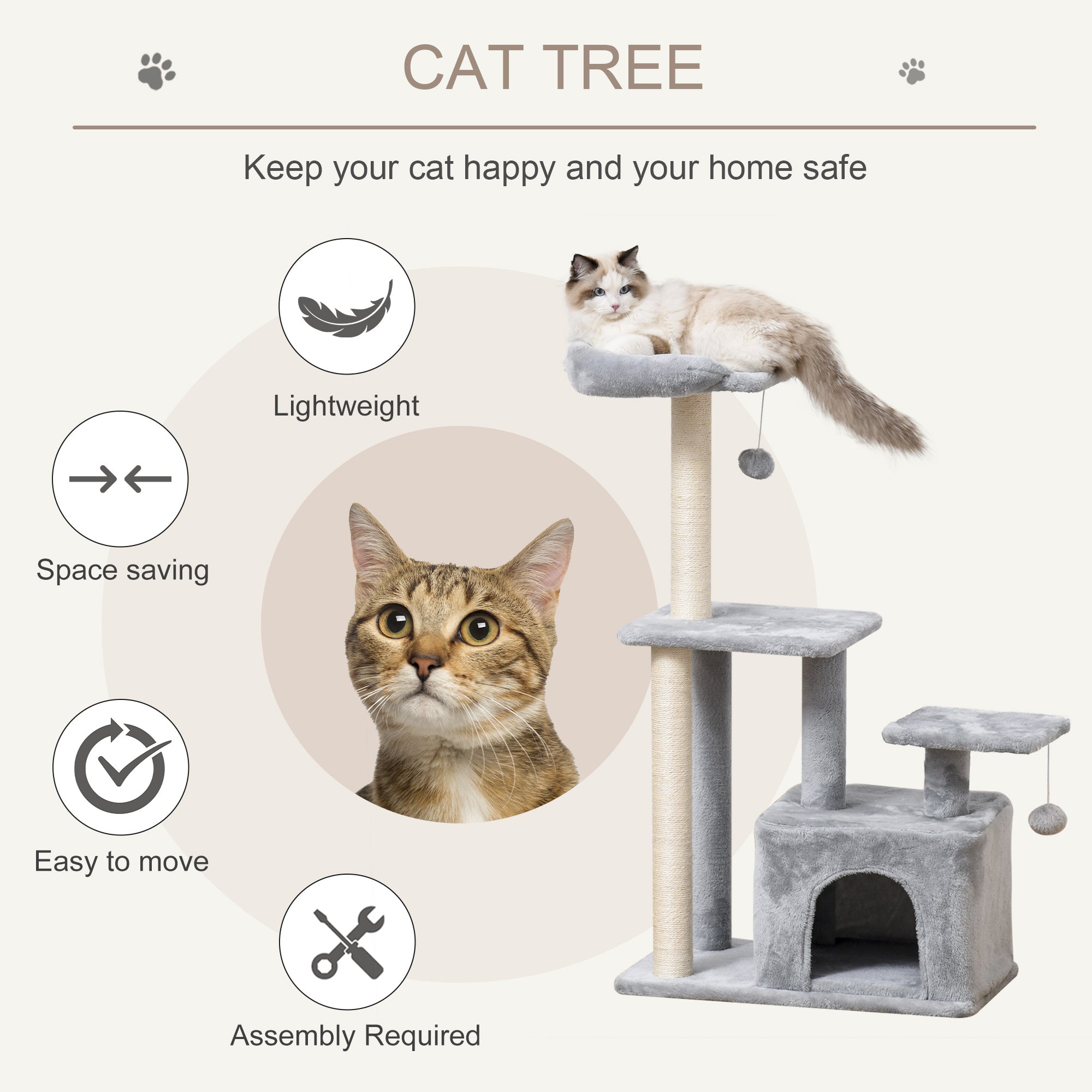 PawHut Cat Tree for Indoor Cats, Multi-Level Cat Condo with Sisal Scratching Post, Perch, Hanging Ball, Light Grey