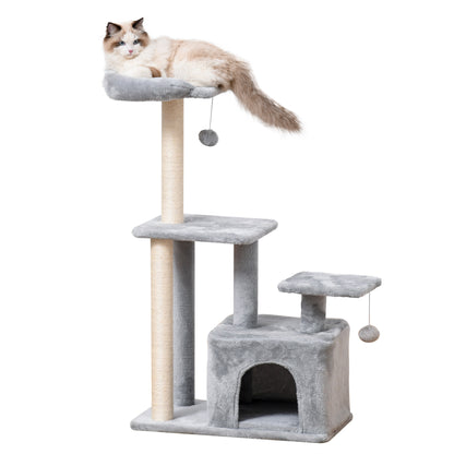 PawHut Cat Tree Tower for Indoor Cats 114cm Climbing Activity Centre Kitten with Sisal Scratching Post Perch Hanging Ball Condo Toy Light Grey