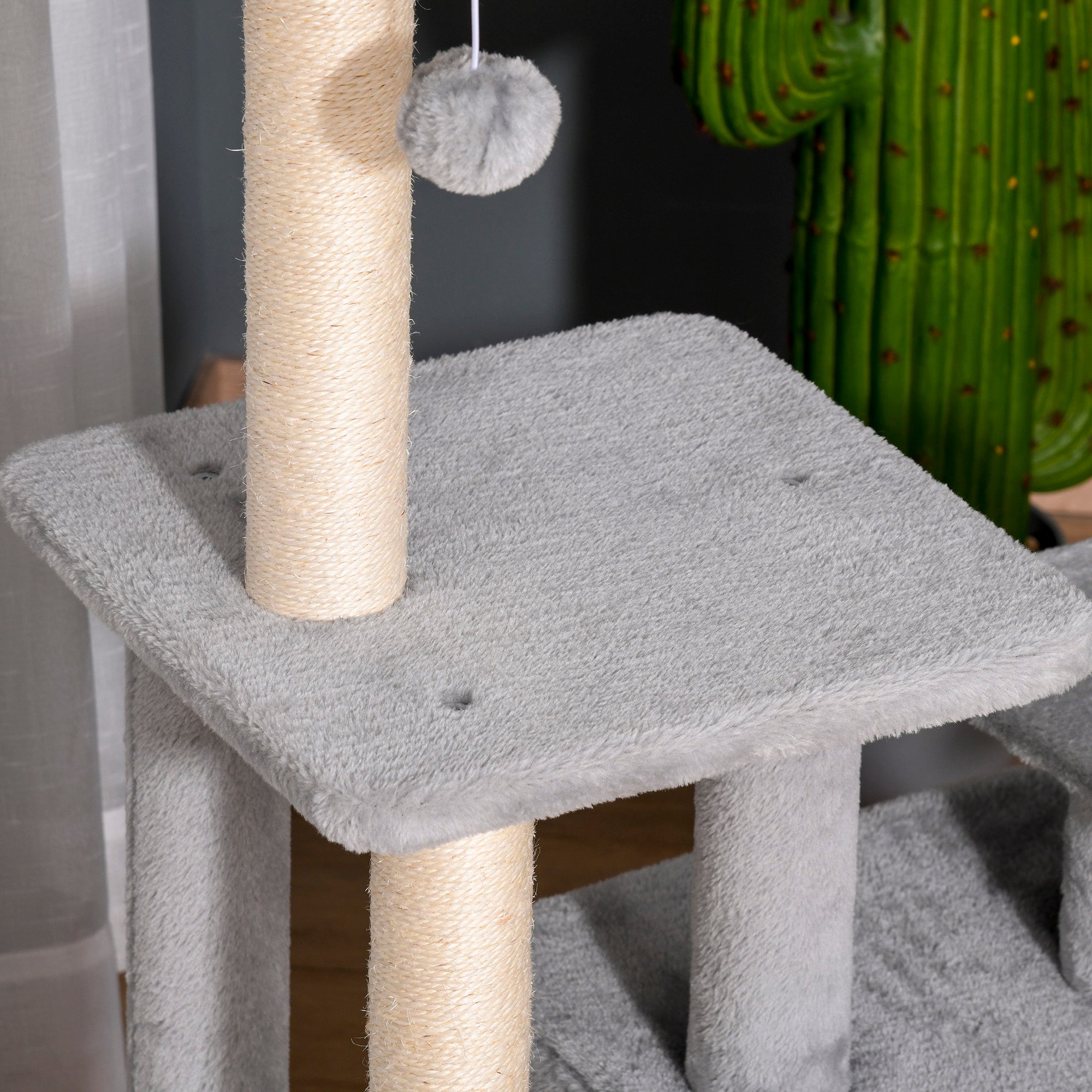 PawHut Cat Tree Tower for Indoor Cats 114cm Climbing Activity Centre Kitten with Sisal Scratching Post Perch Hanging Ball Condo Toy Light Grey