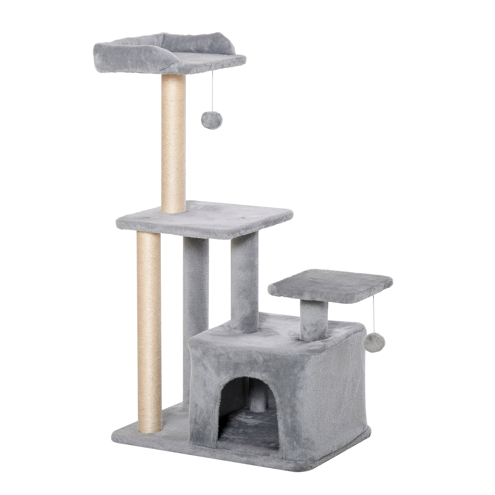 PawHut Cat Tree for Indoor Cats, Multi-Level Cat Condo with Sisal Scratching Post, Perch, Hanging Ball, Light Grey