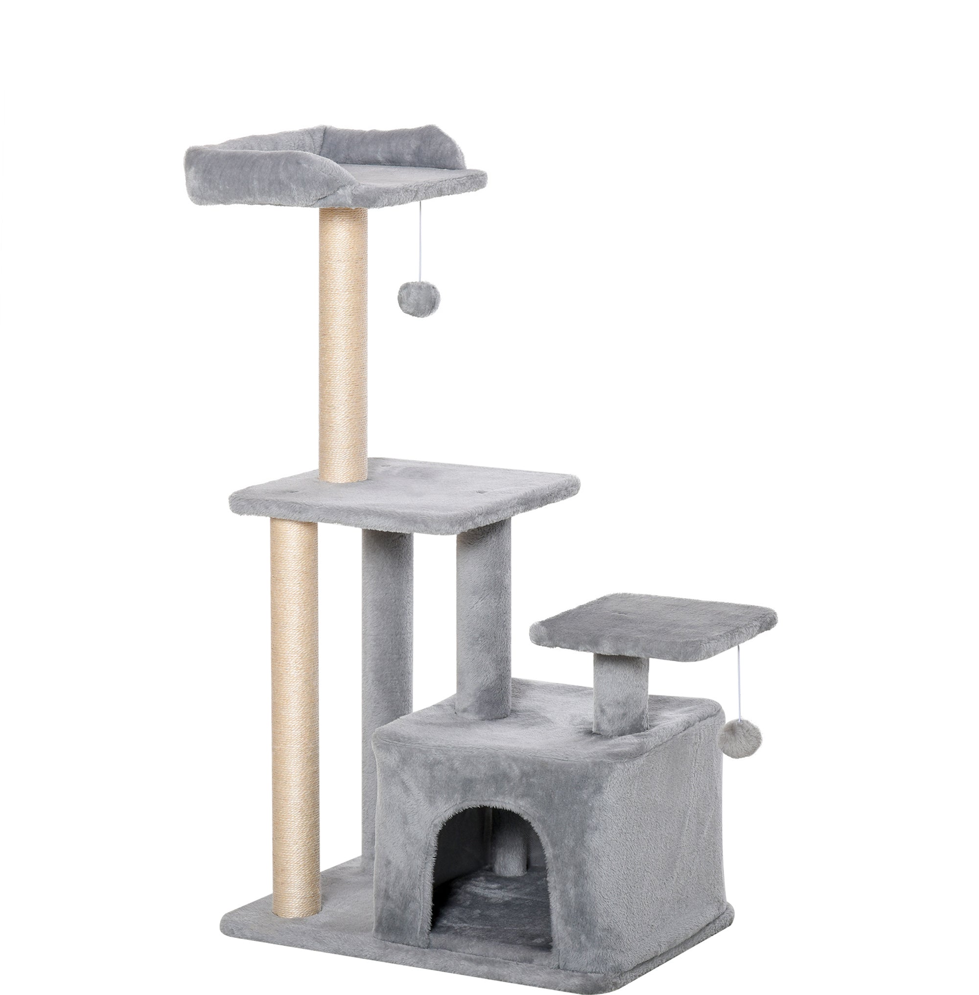 PawHut Cat Tree Tower for Indoor Cats 114cm Climbing Activity Centre Kitten with Sisal Scratching Post Perch Hanging Ball Condo Toy Light Grey