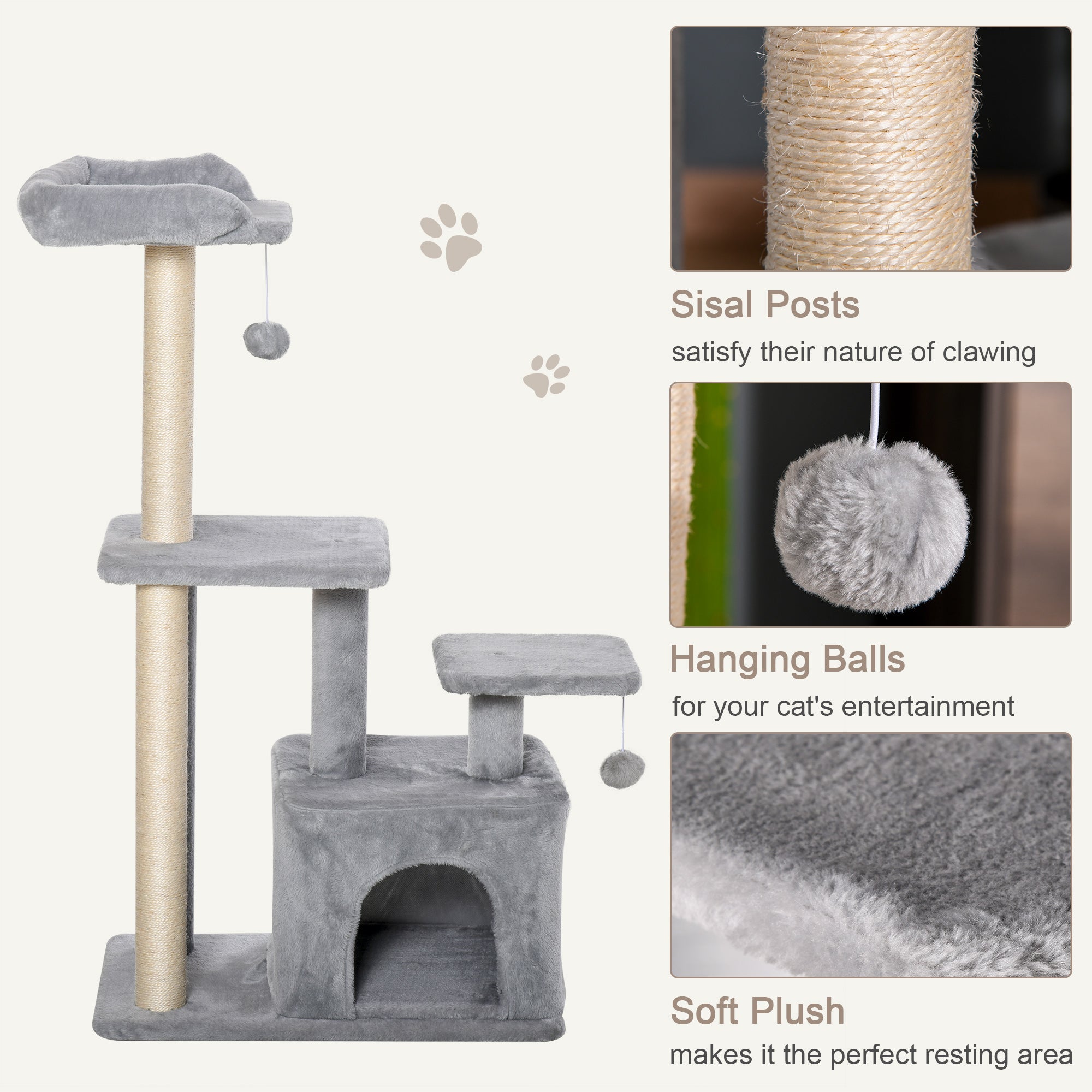 PawHut Cat Tree for Indoor Cats, Multi-Level Cat Condo with Sisal Scratching Post, Perch, Hanging Ball, Light Grey